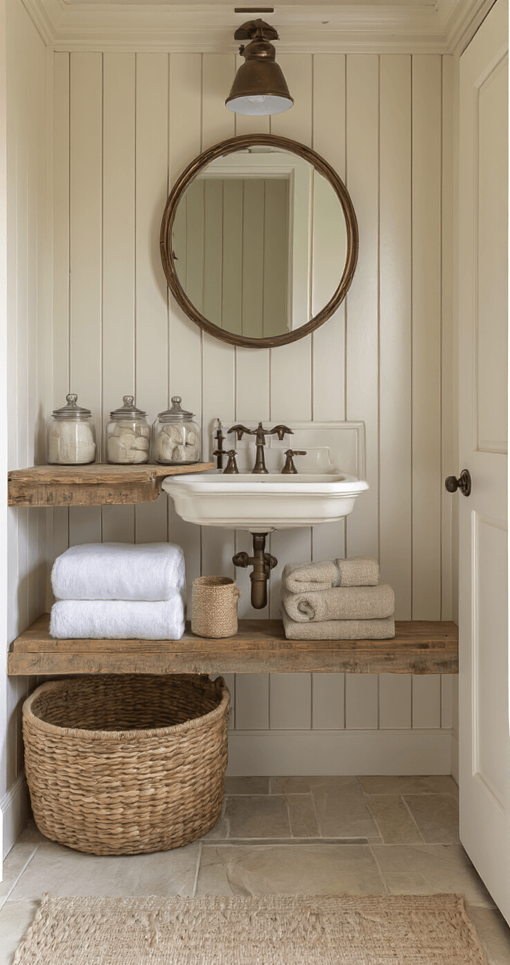 Farmhouse Bathroom Decor: Transform Your Space with Rustic Charm An intimate powder room featuring warm greige vertical shiplap and a beadboard ceiling, with an antique bronze mirror above a creamy white pedestal sink. Open shelving made of reclaimed barn wood displays apothecary jars and rolled linens, complemented by a woven water hyacinth basket below. The scene is captured from a 45-degree angle in soft diffused lighting.