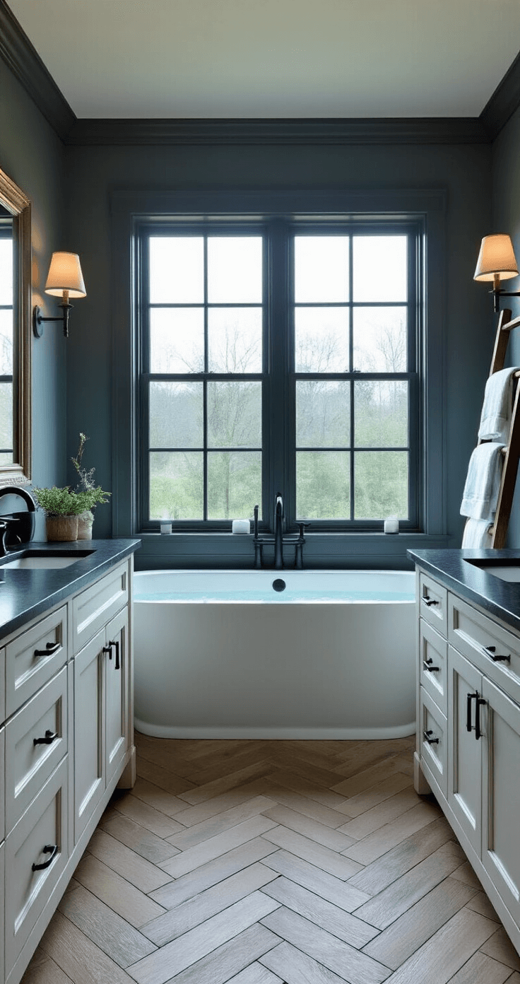 Farmhouse Bathroom Decor: Transform Your Space with Rustic Charm A beautifully designed master bathroom featuring a double vanity with distressed chalk white cabinets and honed black granite tops, illuminated by cool natural light during blue hour. An oversized steel-framed window provides backlighting, while herringbone weathered oak flooring leads to a freestanding soaking tub. A vintage ladder displays cream and sage Turkish towels, and warm sconces enhance the ambiance. The scene is captured with a wide-angle lens at eye level, showcasing the spatial flow of the room.