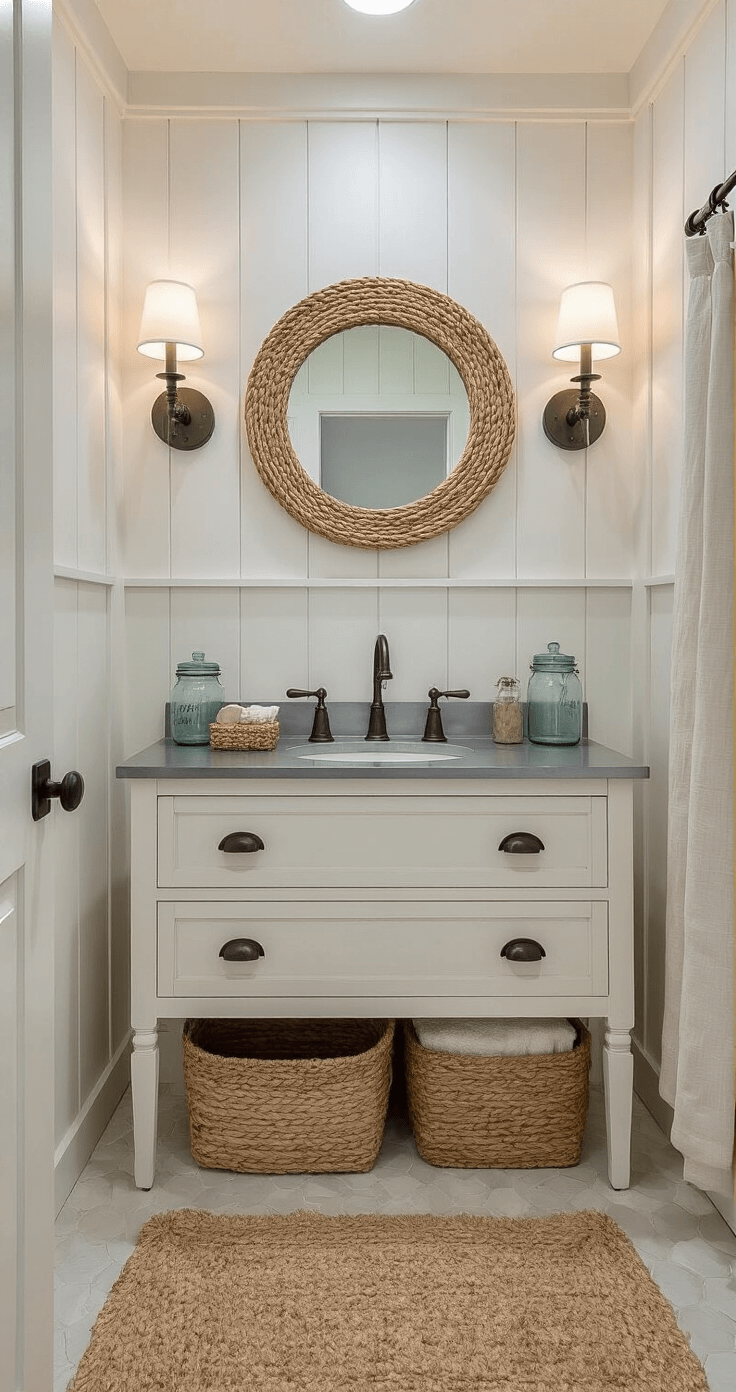 Farmhouse Bathroom Decor: Transform Your Space with Rustic Charm Cozy guest bathroom featuring board and batten walls, a vintage dresser vanity with a zinc top, oil-rubbed bronze fixtures, mason jar sconces, a round rope mirror, a woven seagrass hamper, and a linen shower curtain, all illuminated by natural light from a skylight and warm artificial fill.