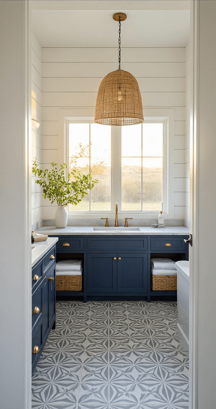 Farmhouse Bathroom Decor: Transform Your Space with Rustic Charm Modern farmhouse primary bath featuring a muted gray geometric cement tile floor, navy shiplap custom vanity with marble top and brass hardware, handwoven pendant light, and a built-in linen cabinet displaying folded towels, all illuminated by golden hour sunlight.