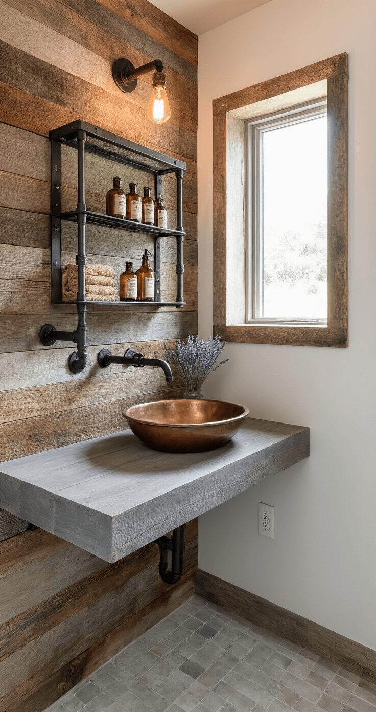 Farmhouse Bathroom Decor: Transform Your Space with Rustic Charm Rustic powder room featuring a reclaimed wood accent wall, floating weathered gray vanity, industrial black pipe shelving with vintage apothecary bottles and dried lavender, and a copper vessel sink, all illuminated by morning light and an Edison bulb sconce.