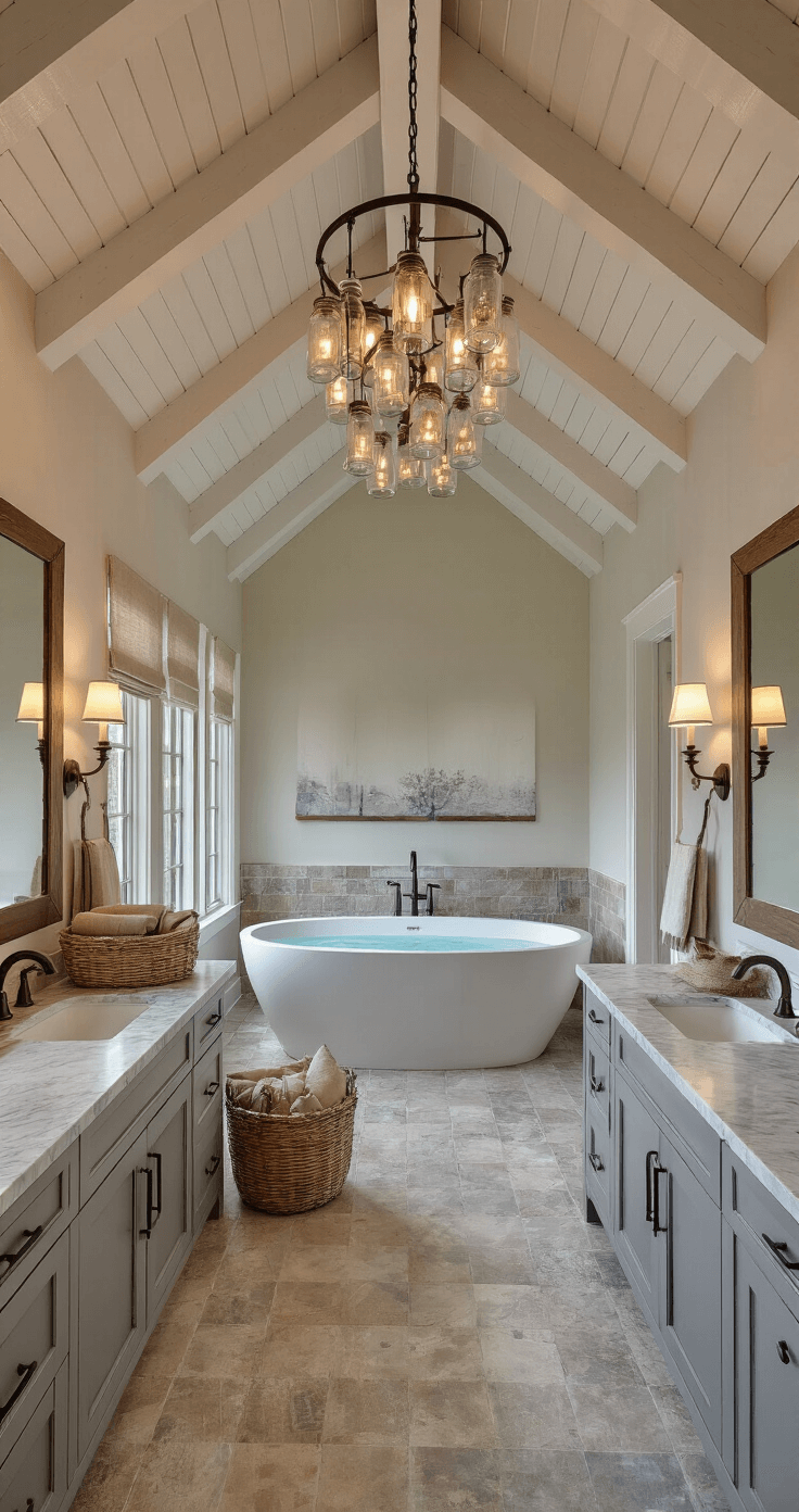 Farmhouse Bathroom Decor: Transform Your Space with Rustic Charm A spacious spa-like master bath features a freestanding oval tub beneath a vintage mason jar chandelier, vaulted ceiling with exposed white oak beams, and a dove gray double vanity with Carrara marble. Farmhouse elements include a tobacco basket and vintage grain sack pillows, all illuminated by moody evening light and warm artificial sources.