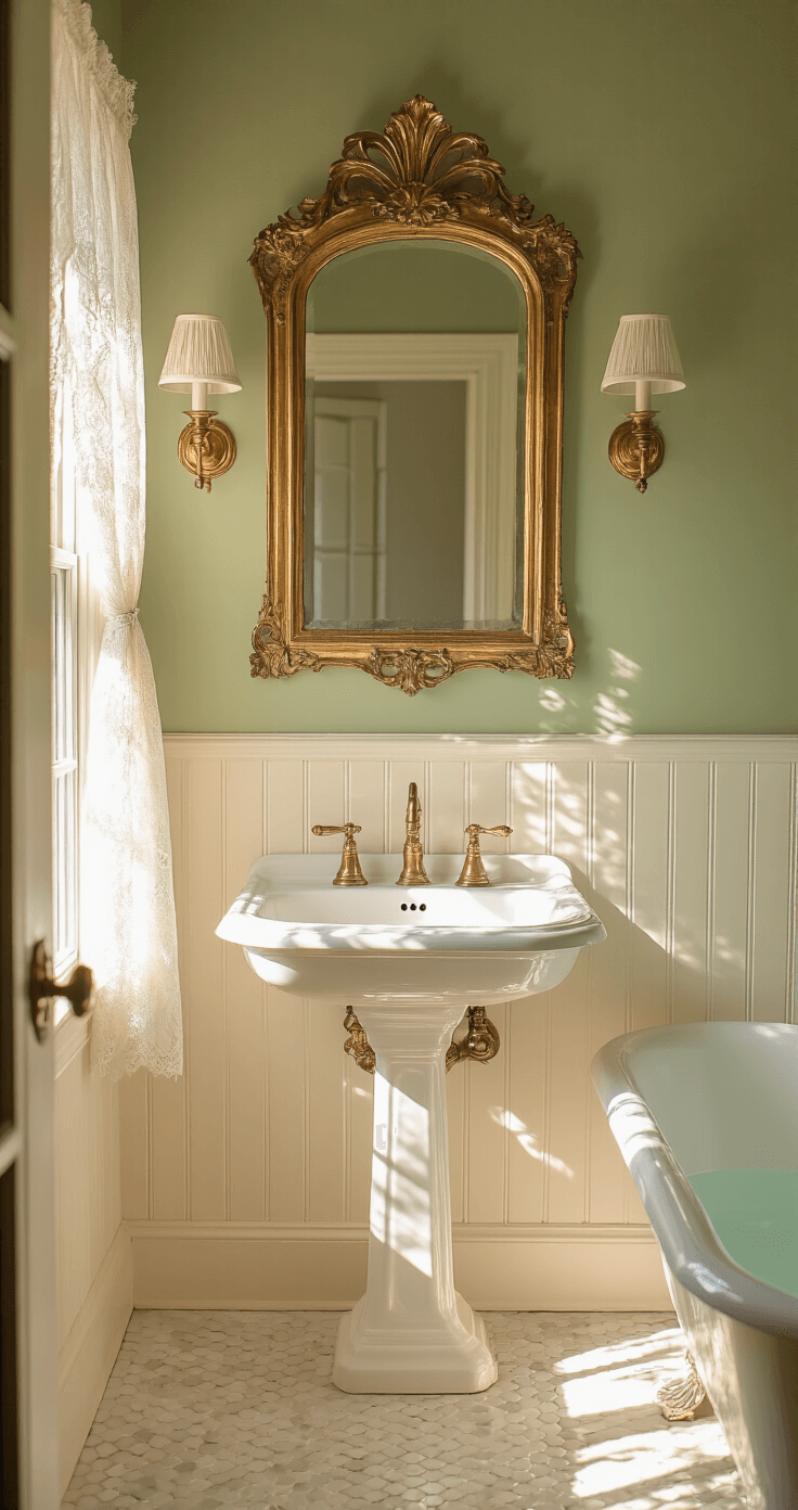 Vintage Bathroom Decor: A Nostalgic Journey into Timeless Elegance A vintage bathroom bathed in golden hour light features a white pedestal sink beneath an ornate gilded mirror, adorned with sage green walls and white beadboard wainscoting. Antique brass fixtures, crystal doorknobs, and sconces complement a claw-foot tub, all captured from a low angle to emphasize depth and atmosphere.