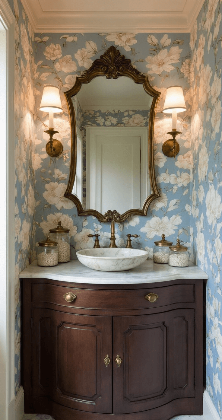 Vintage Bathroom Decor: A Nostalgic Journey into Timeless Elegance Intimate powder room at dusk featuring vintage milk glass sconces, floral wallpaper, a dark walnut curved vanity with a marble top and brass basin, and a Baroque-framed mirror, all illuminated with moody lighting.