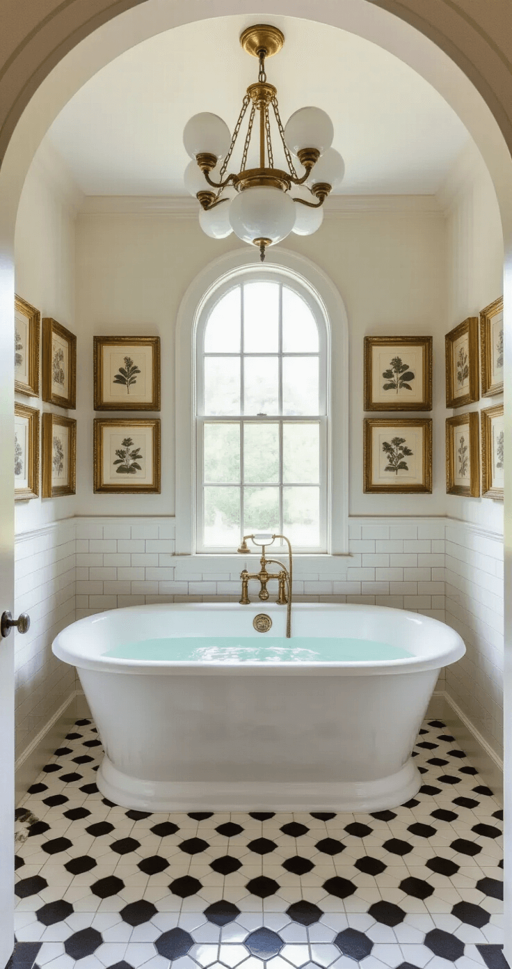 Vintage Bathroom Decor: A Nostalgic Journey into Timeless Elegance A corner master bath featuring a restoration-era standalone tub beneath a window, surrounded by hexagonal black and white floor tiles. A brass chandelier with milk glass globes hangs above, and vintage botanical prints in gilt frames adorn the gallery wall. The scene is illuminated by natural morning light and warm artificial light, captured from the doorway with a wide angle lens.