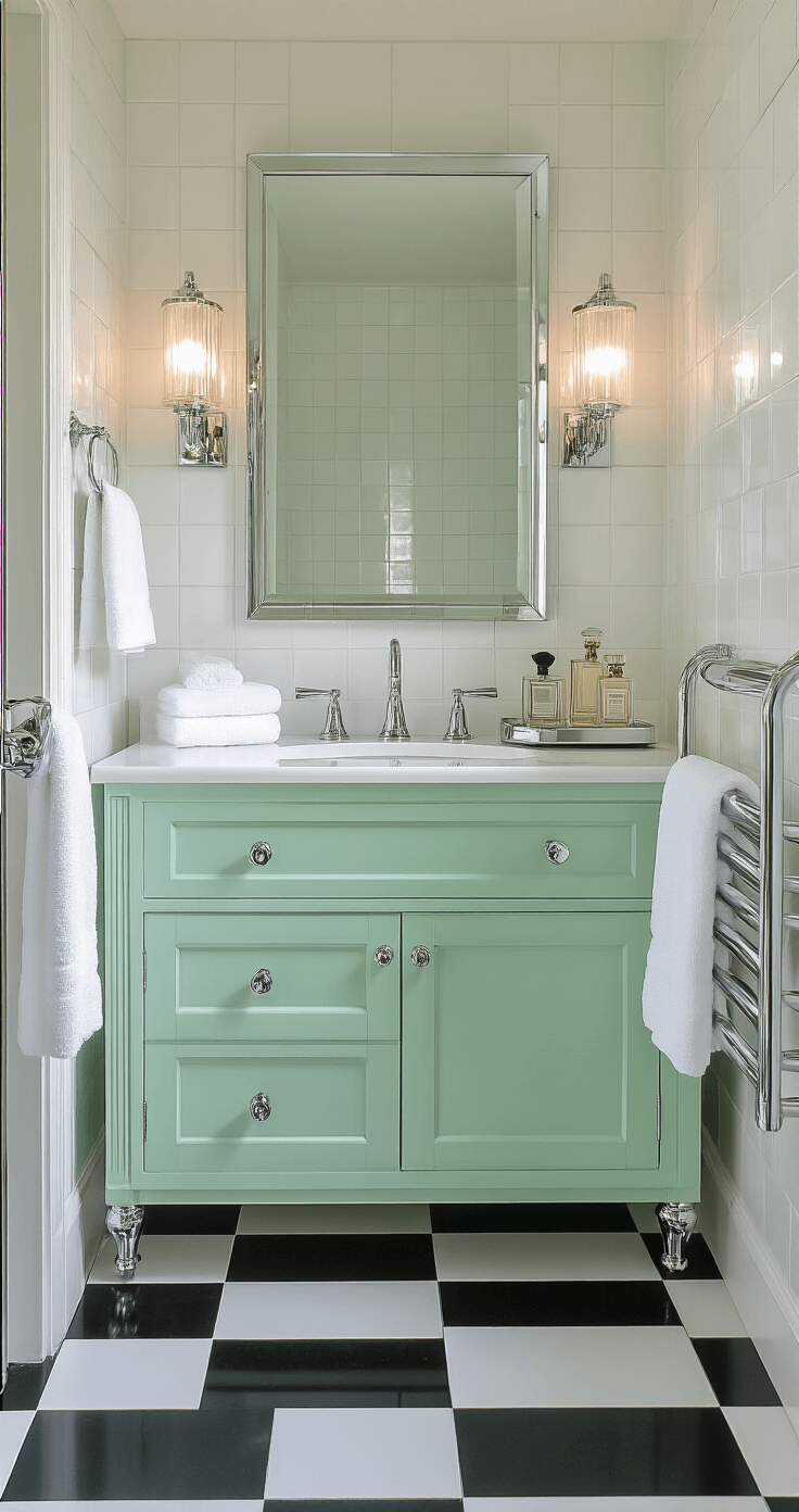 Vintage Bathroom Decor: A Nostalgic Journey into Timeless Elegance An art deco inspired bathroom featuring black and white checkered floor tiles, a mint green vanity with chrome hardware, a beveled mirror with frosted glass sconces, and chrome towel warmers with plush white linens, all shot from a corner angle to emphasize geometric patterns and bright, clean lighting.