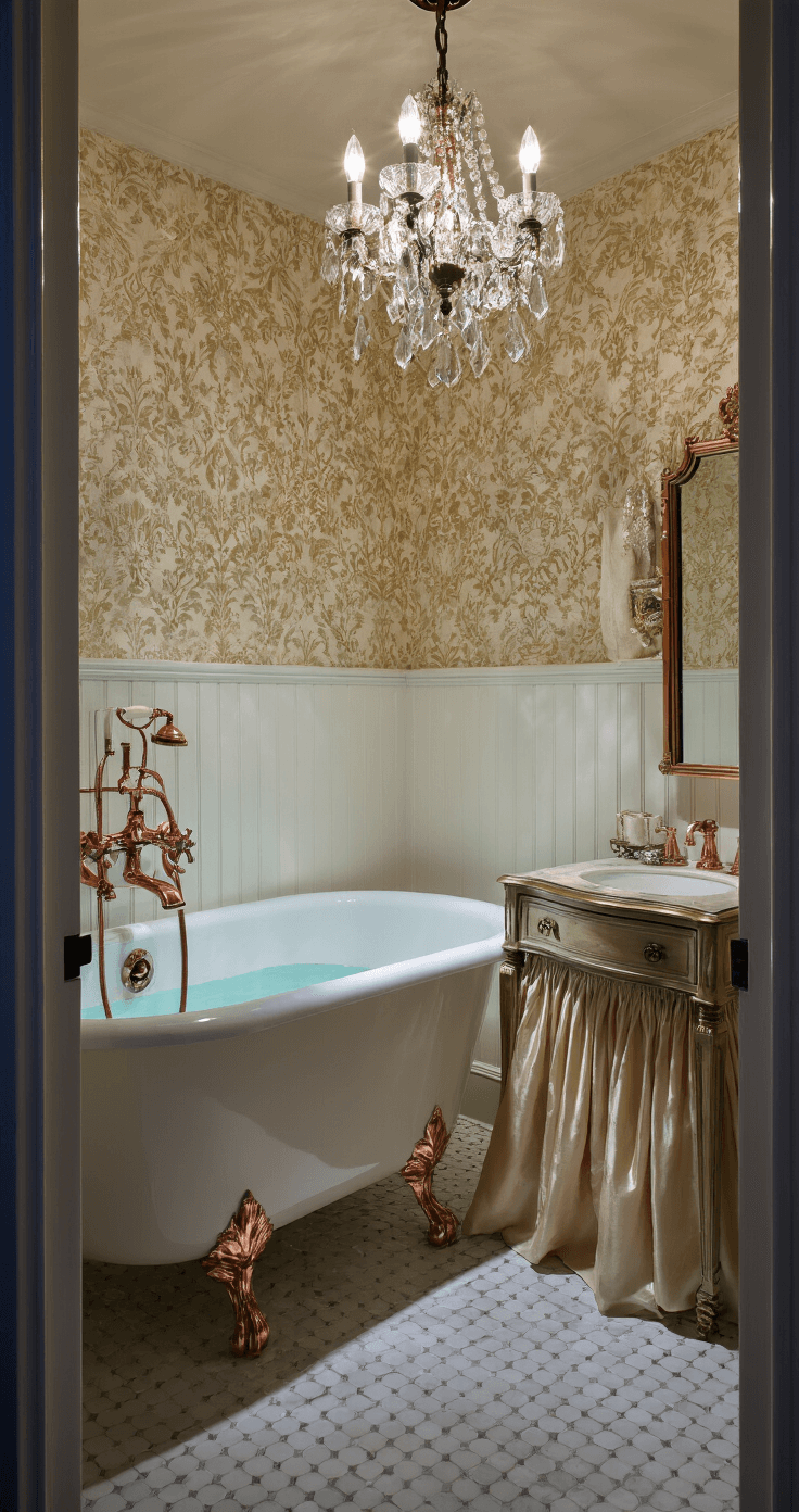 Vintage Bathroom Decor: A Nostalgic Journey into Timeless Elegance A Victorian-style bathroom at twilight, featuring a clawfoot tub with a polished copper telephone shower fixture, cream and gold damask wallpaper above white beadboard, and a crystal chandelier casting prismatic light patterns, viewed through a doorway for a voyeuristic effect, with dramatic shadows highlighting architectural details.