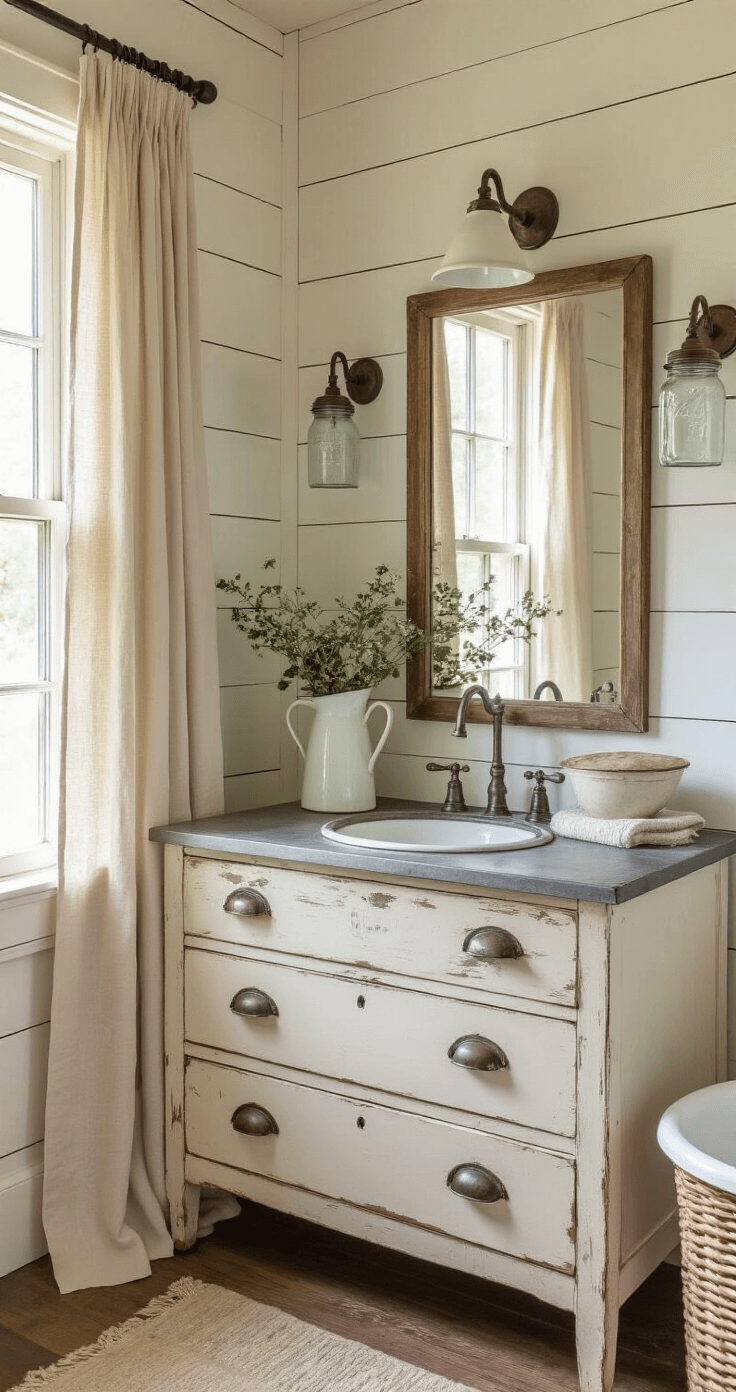 Vintage Bathroom Decor: A Nostalgic Journey into Timeless Elegance Farmhouse bathroom featuring warm white shiplap walls, an antique dresser converted to a vanity, and a zinc-topped washstand with a vintage enamel pitcher and bowl, illuminated by Mason jar sconces and filtered sunlight through raw linen curtains, emphasizing texture and patina.