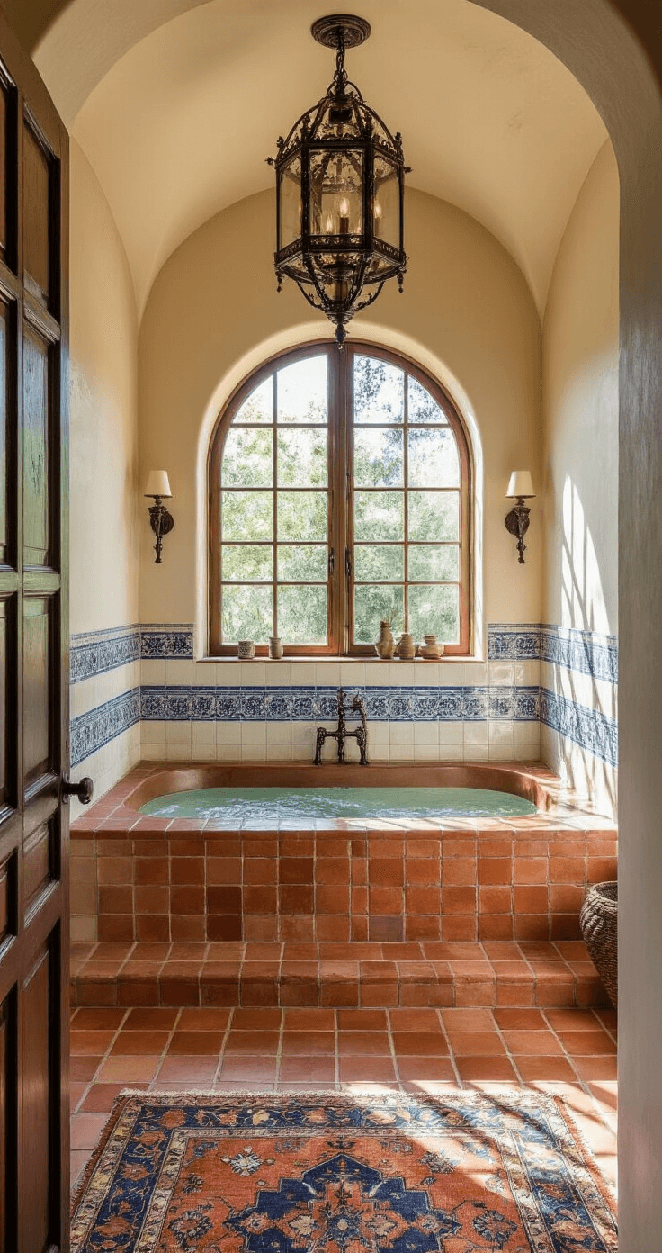 Vintage Bathroom Decor: A Nostalgic Journey into Timeless Elegance A Mediterranean revival bathroom at sunset features terra cotta floor tiles, an arched alcove with a copper soaking tub, and hand-painted ceramic wainscoting in blues and whites. A wrought iron chandelier casts dramatic shadows, while vintage Turkish rugs add warmth, all illuminated by golden hour lighting and amber gels. The elevated perspective highlights the intricate tile patterns.