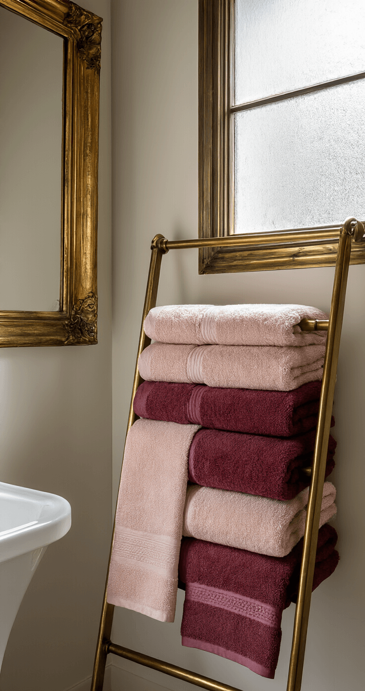 Bathroom Towel Decor: Transform Your Space with Style and Sophistication Intimate powder room featuring a vintage brass towel ladder holding gradient-colored Egyptian cotton towels, illuminated by dramatic afternoon light through a frosted window, with weathered copper fixtures and a distressed gold-framed mirror, captured from a low angle to emphasize vertical space and luxurious textures.