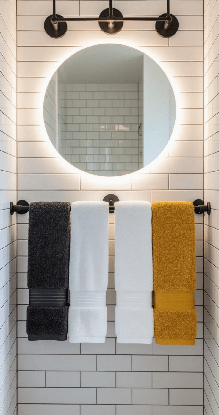 Bathroom Towel Decor: Transform Your Space with Style and Sophistication Bright contemporary guest bathroom featuring white subway-tiled walls, an industrial black towel rack with knotted Turkish towels, matte black fixtures, and a round backlit mirror, all captured in soft morning light.