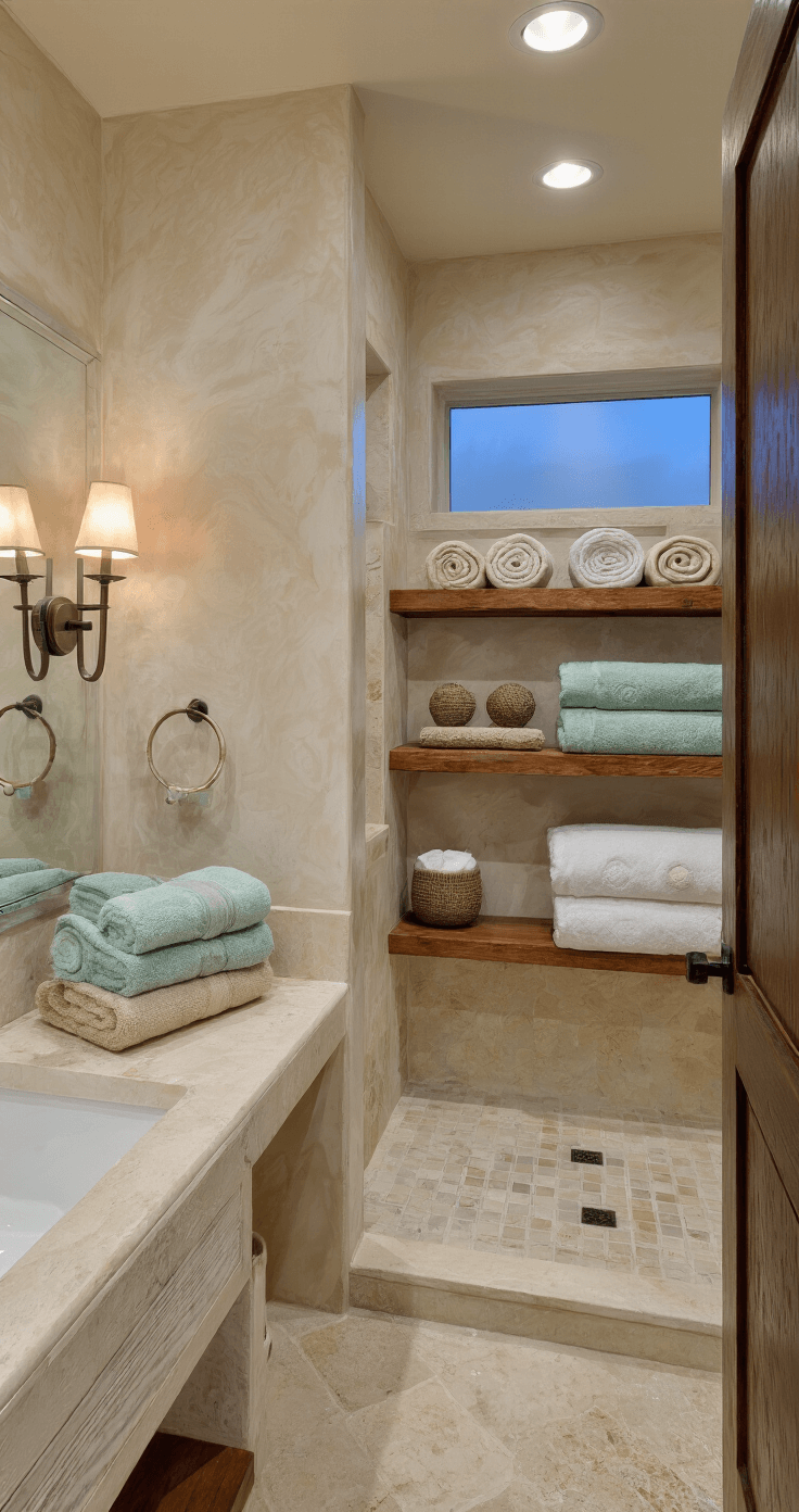 Bathroom Towel Decor: Transform Your Space with Style and Sophistication Resort-style master bath at twilight with teak shelving displaying spa towels in seafoam, sand, and white, accented with mother-of-pearl rings, Venetian plaster walls, and limestone flooring, illuminated by warm ambient lighting from sconces.
