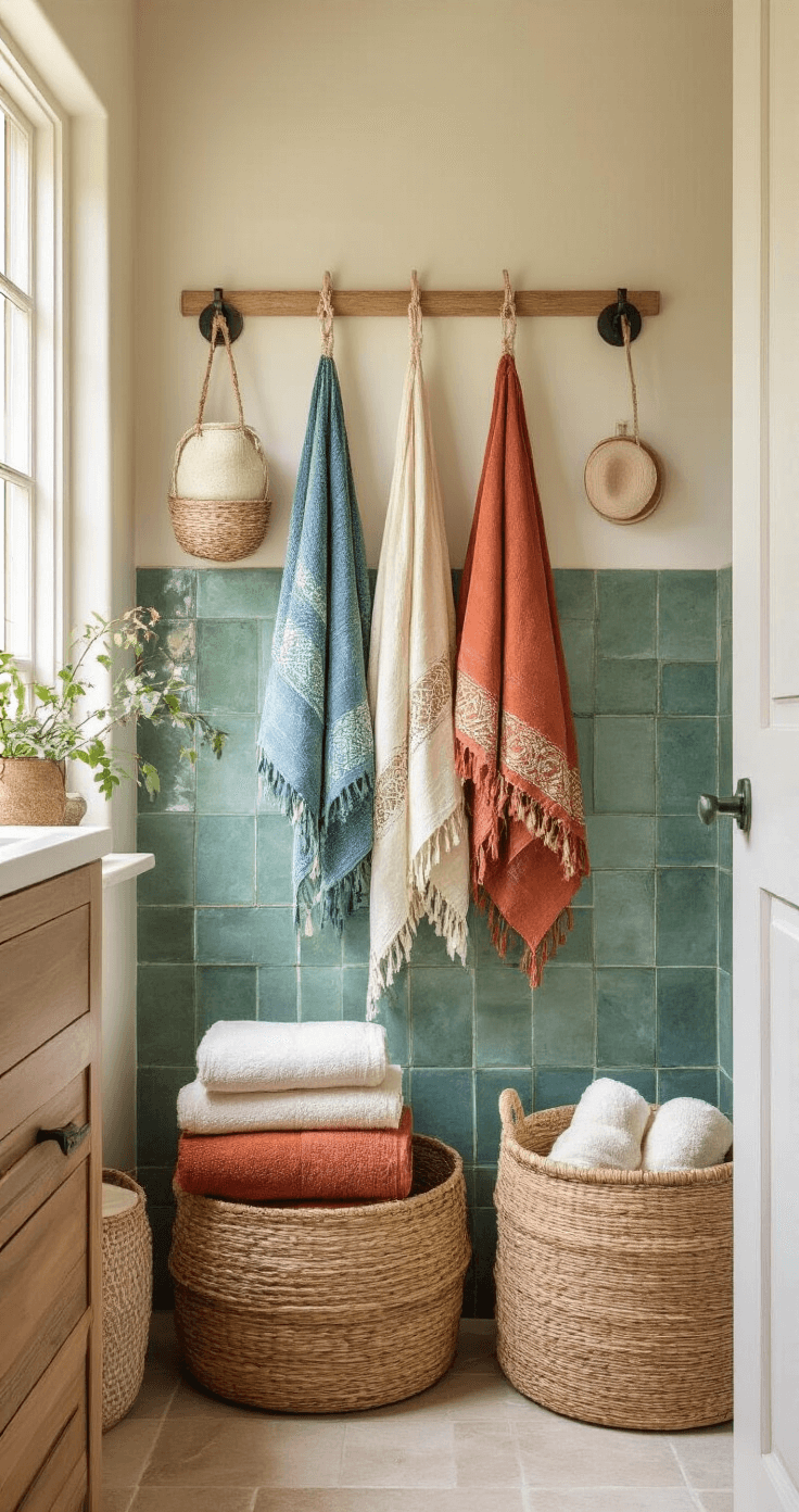 Bathroom Towel Decor: Transform Your Space with Style and Sophistication Wide-angle shot of a bohemian family bathroom featuring macramé towel holders with hand-dyed Turkish towels in terracotta, indigo, and cream. Rattan baskets below hold rolled washcloths, and sea green Zellige tiles adorn the walls, creating a Mediterranean vibe. Natural midday light illuminates the room, enhanced by strategically placed mirrors.