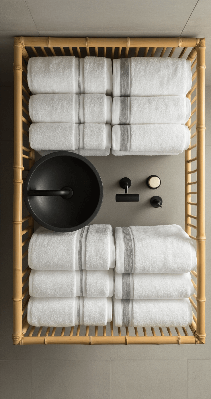 Bathroom Towel Decor: Transform Your Space with Style and Sophistication A minimalist zen bathroom at dawn, featuring a floor-to-ceiling bamboo towel storage unit with white organic cotton towels, a black stone sink with matte black fixtures, and soft morning light highlighting the geometric patterns.