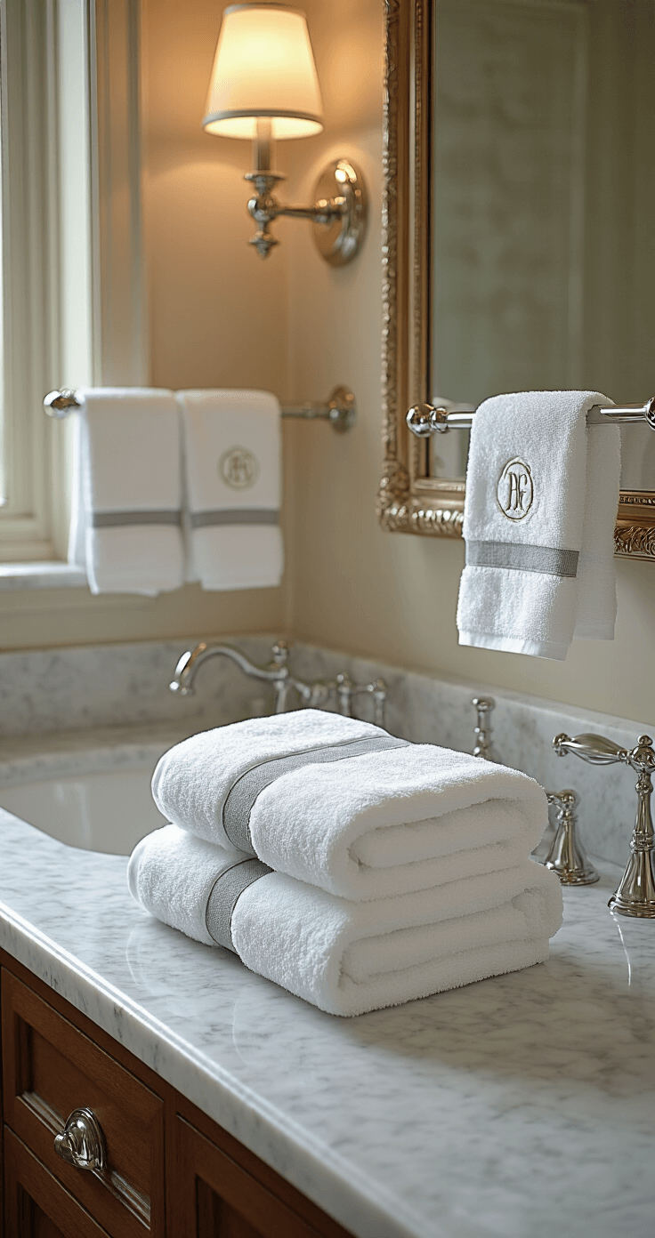 Bathroom Towel Decor: Transform Your Space with Style and Sophistication Classic hotel-inspired bathroom featuring polished nickel double towel bars with neatly folded white towels with gray borders, Carrara marble countertops, chrome fixtures, and monogrammed hand towels arranged in a triangle fold, illuminated by soft afternoon light.