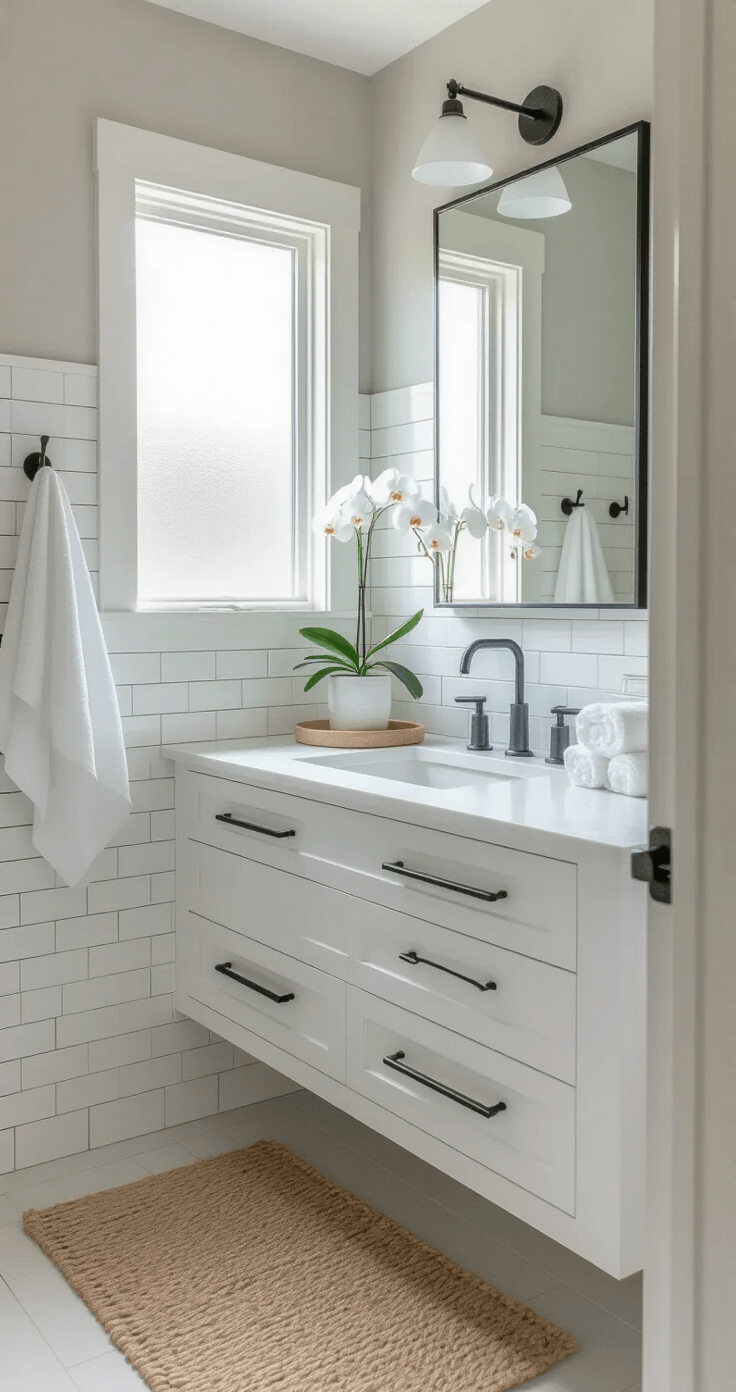 Simple Bathroom Decor: Creating a Serene and Functional Space A contemporary bathroom with white subway tiles and pale gray walls, featuring a floating white vanity with black hardware, an orchid in a white pot, and clear glass containers on a marble tray. Plush white towels hang on black hooks, and a frameless mirror reflects natural light from a frosted window. A woven jute mat adds texture, all captured in serene, natural daylight.