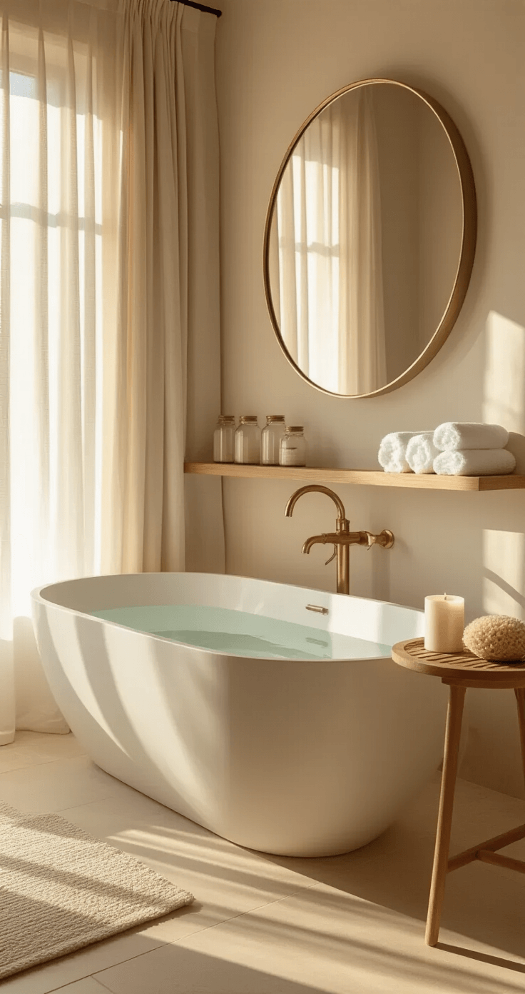 Simple Bathroom Decor: Creating a Serene and Functional Space An intimate view of a modern bathroom at golden hour featuring a freestanding oval tub under sheer linen curtains, warm light illuminating light beige limestone flooring, a wooden bath caddy with a candle and sea sponge, minimal bleached oak shelves with rolled towels and glass jars, and an oversized round brass-framed mirror, all captured from a low angle to highlight the tub's sculptural quality.