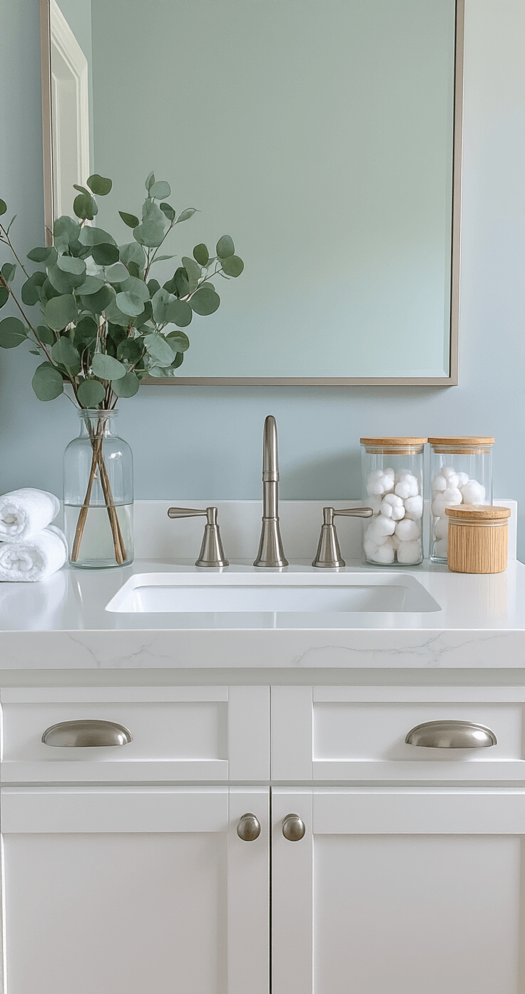 Simple Bathroom Decor: Creating a Serene and Functional Space A pristine bathroom vanity featuring a white quartz countertop with an undermount sink and brushed nickel fixtures, clear glass canisters for cotton balls, a slim vase with fresh eucalyptus, shaker-style cabinets, and pale blue-grey walls, illuminated by soft natural light.