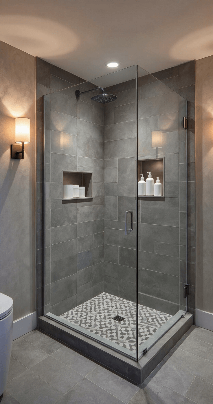 Simple Bathroom Decor: Creating a Serene and Functional Space A sophisticated bathroom corner at dusk featuring a sleek glass shower enclosure, geometric gray porcelain tiles, a built-in niche with white containers, and warm, atmospheric lighting.