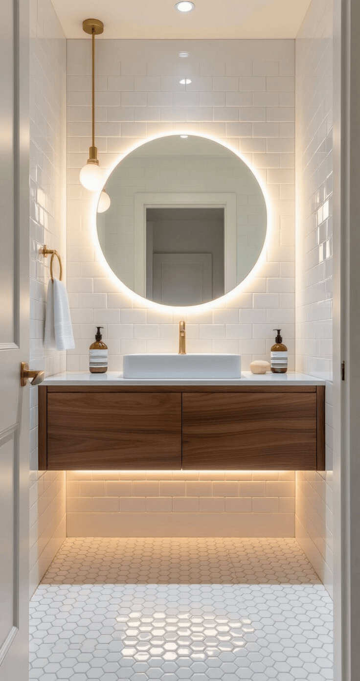 Simple Bathroom Decor: Creating a Serene and Functional Space A luxurious compact bathroom featuring white penny tiles from floor to ceiling, a warm walnut floating vanity, a round backlit mirror, and minimal brass accessories, illuminated by strategic under-cabinet lighting and layered artificial lighting for a bright, energizing morning ambiance.