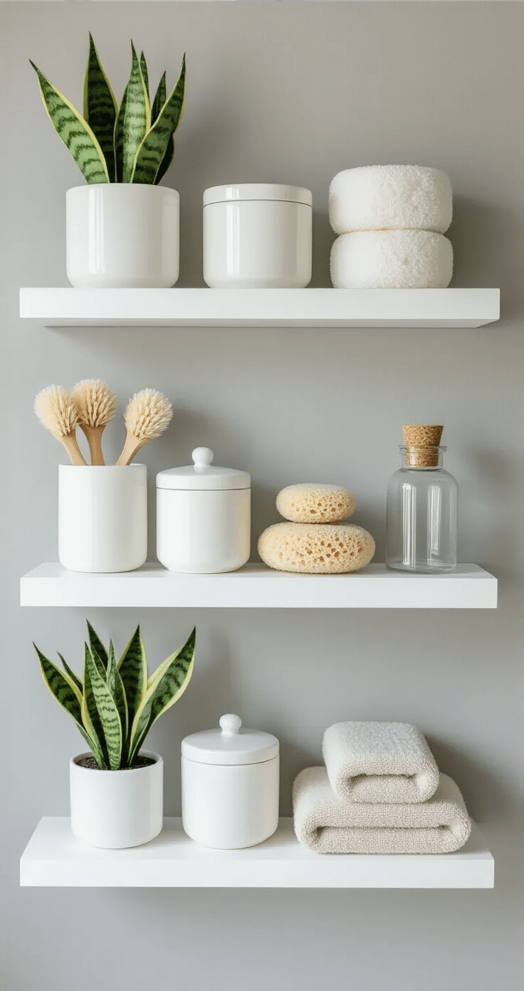 Simple Bathroom Decor: Creating a Serene and Functional Space An overhead view of a pristine bathroom shelf vignette featuring three matte white floating shelves adorned with white ceramic containers, natural sea sponges, and clear glass vessels, along with a small potted snake plant, all against soft gray walls, illuminated by natural side lighting to emphasize organization and symmetry.