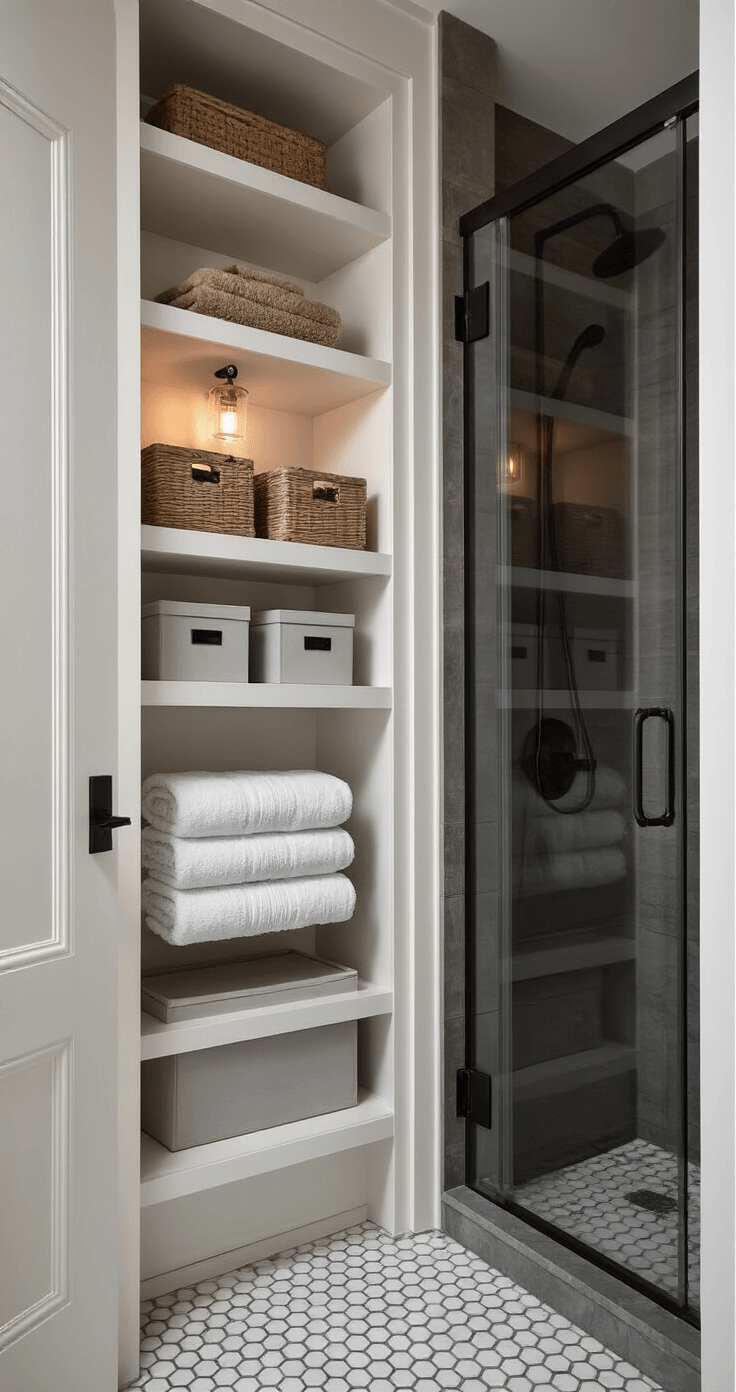 Simple Bathroom Decor: Creating a Serene and Functional Space A cozy and sophisticated twilight bathroom showcasing vertical storage with floor-to-ceiling white shelving filled with rolled towels and storage boxes, a glass shower door reflecting warm sconce lighting, marble hexagon floor tiles, and a minimal black ladder towel rack, all captured from a corner angle to enhance depth.