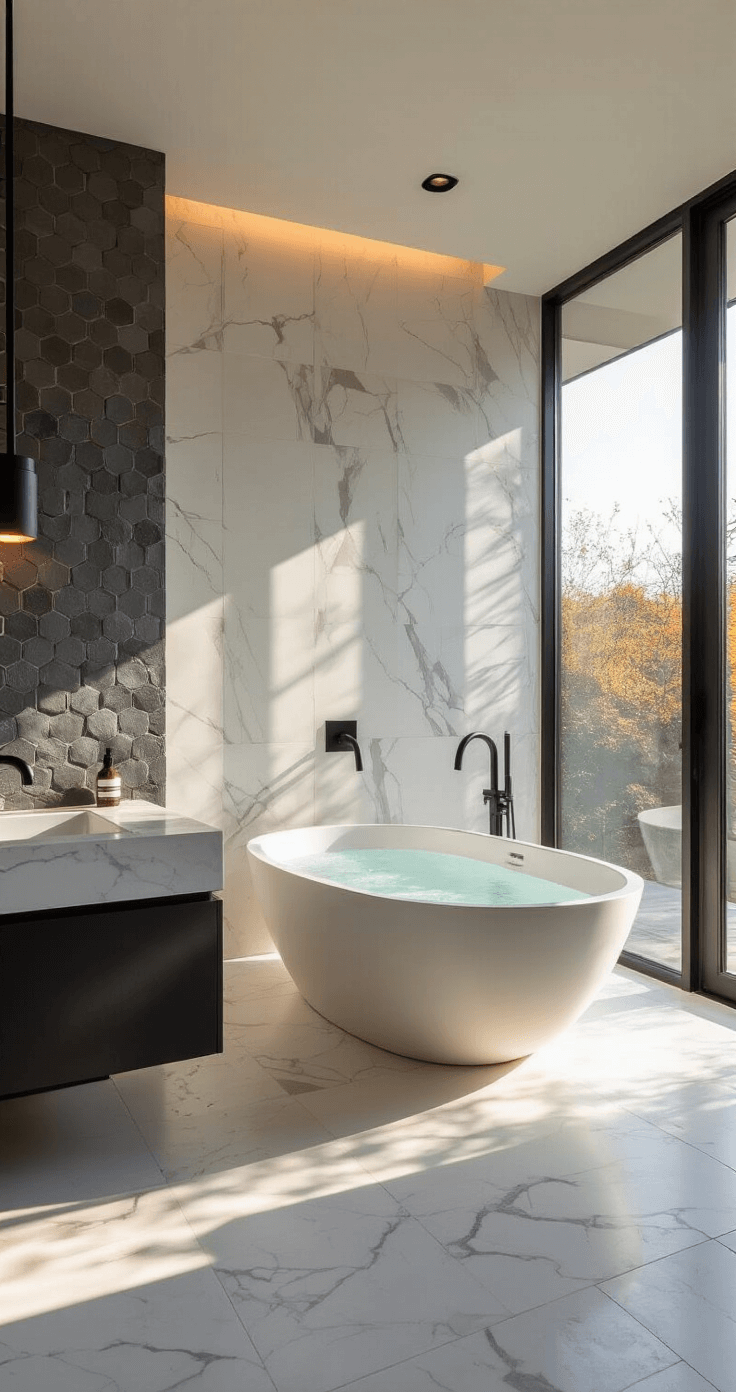 Creating an Aesthetic Bathroom: A Comprehensive Design Guide A modern minimalist master bathroom featuring a freestanding oval tub, floor-to-ceiling windows, and large-format white marble tiles, with a slate gray hexagonal tile wall and matte black fixtures, captured at golden hour with dramatic lighting and shadows.
