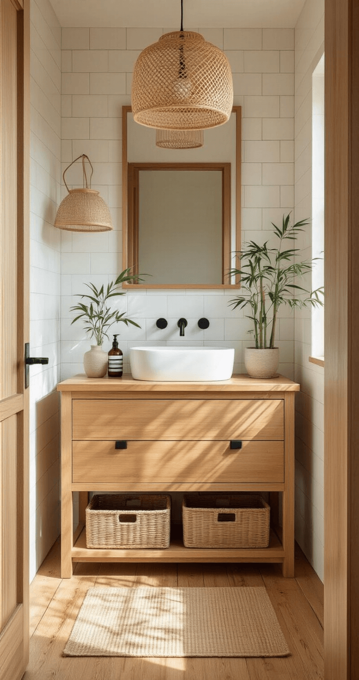 Creating an Aesthetic Bathroom: A Comprehensive Design Guide Intimate Japandi-style bathroom featuring warm bamboo flooring, white ceramic wall tiles, a custom teak vanity with integrated sink and black hardware, a natural fiber pendant light, potted bamboo, and woven storage baskets, captured in soft diffused mid-morning light.