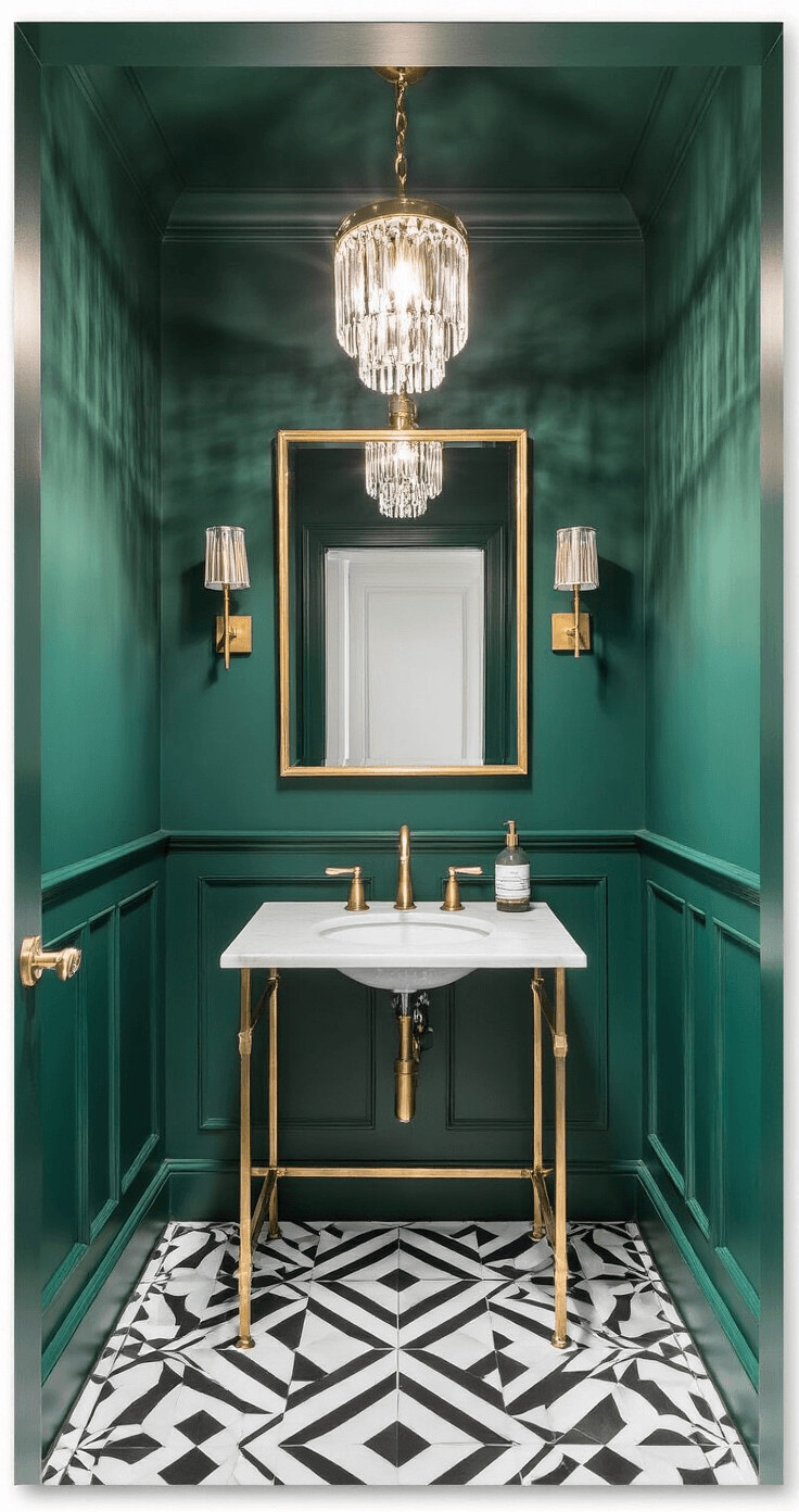 Creating an Aesthetic Bathroom: A Comprehensive Design Guide Dramatic powder room with deep emerald walls, brass fixtures, and geometric black and white floor tiles, illuminated by a crystal pendant light, photographed from the doorway to showcase full room depth.