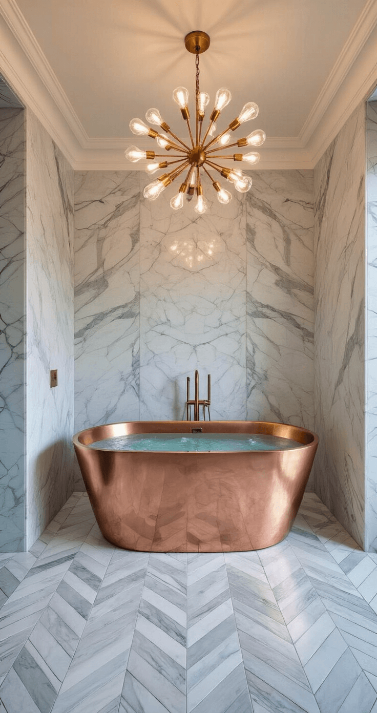 Creating an Aesthetic Bathroom: A Comprehensive Design Guide A luxurious spa bathroom showcasing bookmatched marble walls and a herringbone marble floor, featuring a freestanding copper soaking tub beneath a modern sputnik chandelier, illuminated by cool natural light and warm artificial sources, with an emphasis on the intricate marble veining and metallic reflections.