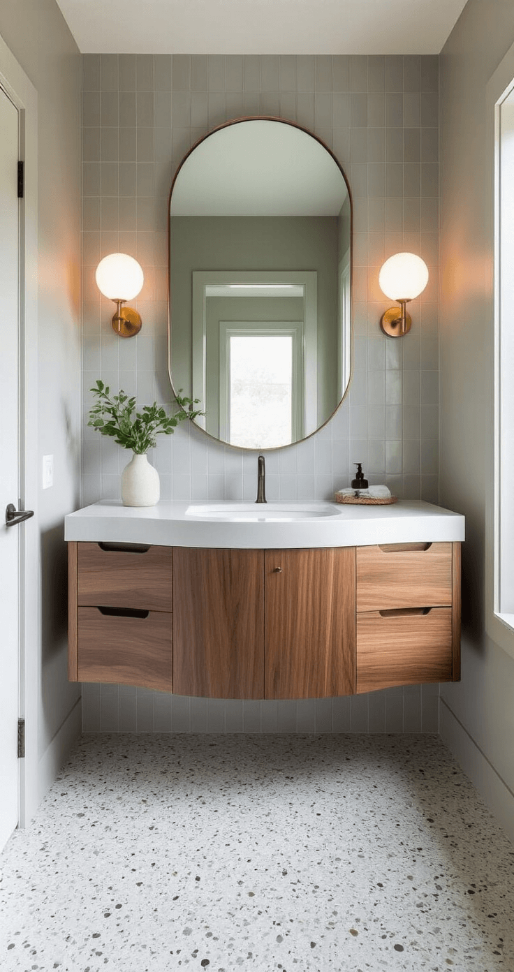 Creating an Aesthetic Bathroom: A Comprehensive Design Guide A contemporary bathroom featuring a curved statement mirror above a floating walnut vanity, with terrazzo flooring and soft gray vertical subway tiles, illuminated by circular globe sconces in morning light, capturing reflections for added depth.
