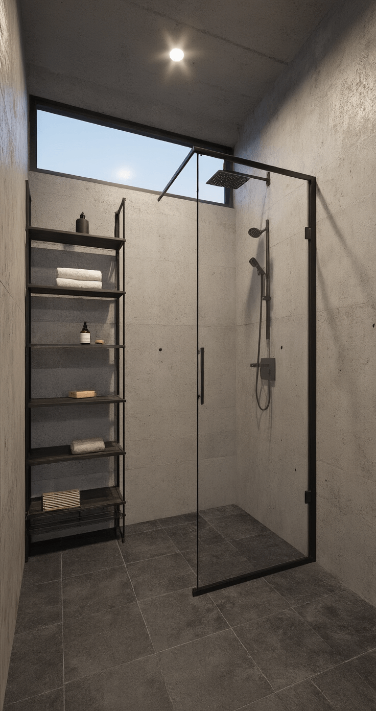 Creating an Aesthetic Bathroom: A Comprehensive Design Guide A spacious industrial-modern bathroom at dusk, featuring exposed concrete walls, large-format charcoal floor tiles, and a black-framed shower enclosure with a ceiling-mounted rainfall showerhead. Floating metal shelves showcase minimalist accessories, while dramatic side lighting accentuates the textural contrasts of the space. The camera angle emphasizes the height and industrial elements, maintaining sharp focus throughout.