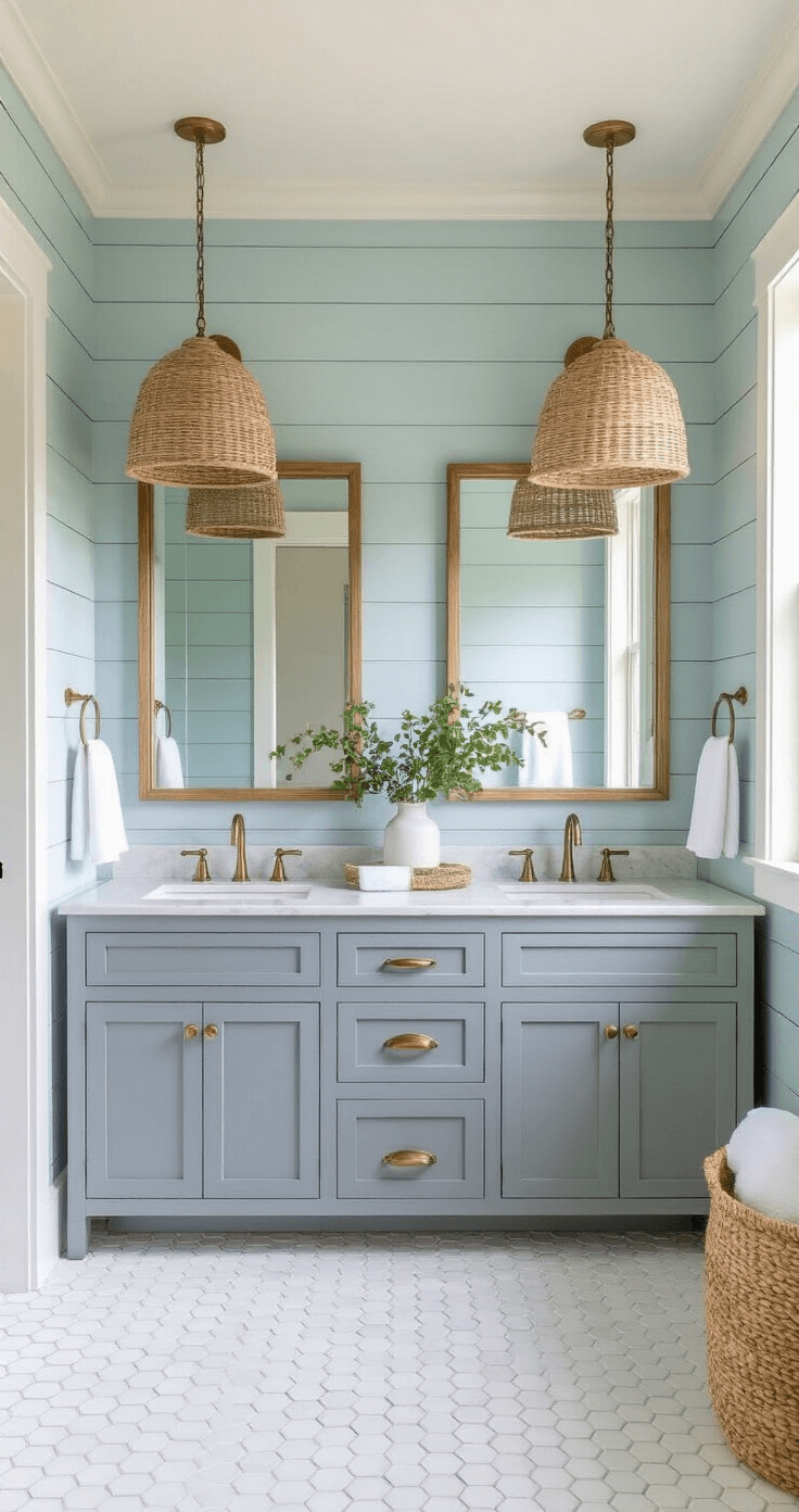 Creating an Aesthetic Bathroom: A Comprehensive Design Guide A coastal-inspired bathroom featuring pale blue shiplap walls, white hexagonal floor tiles, and a weathered gray double vanity with a marble countertop and brass hardware, illuminated by morning light and woven pendant lights. Coastal artifacts and white linens enhance the serene atmosphere.