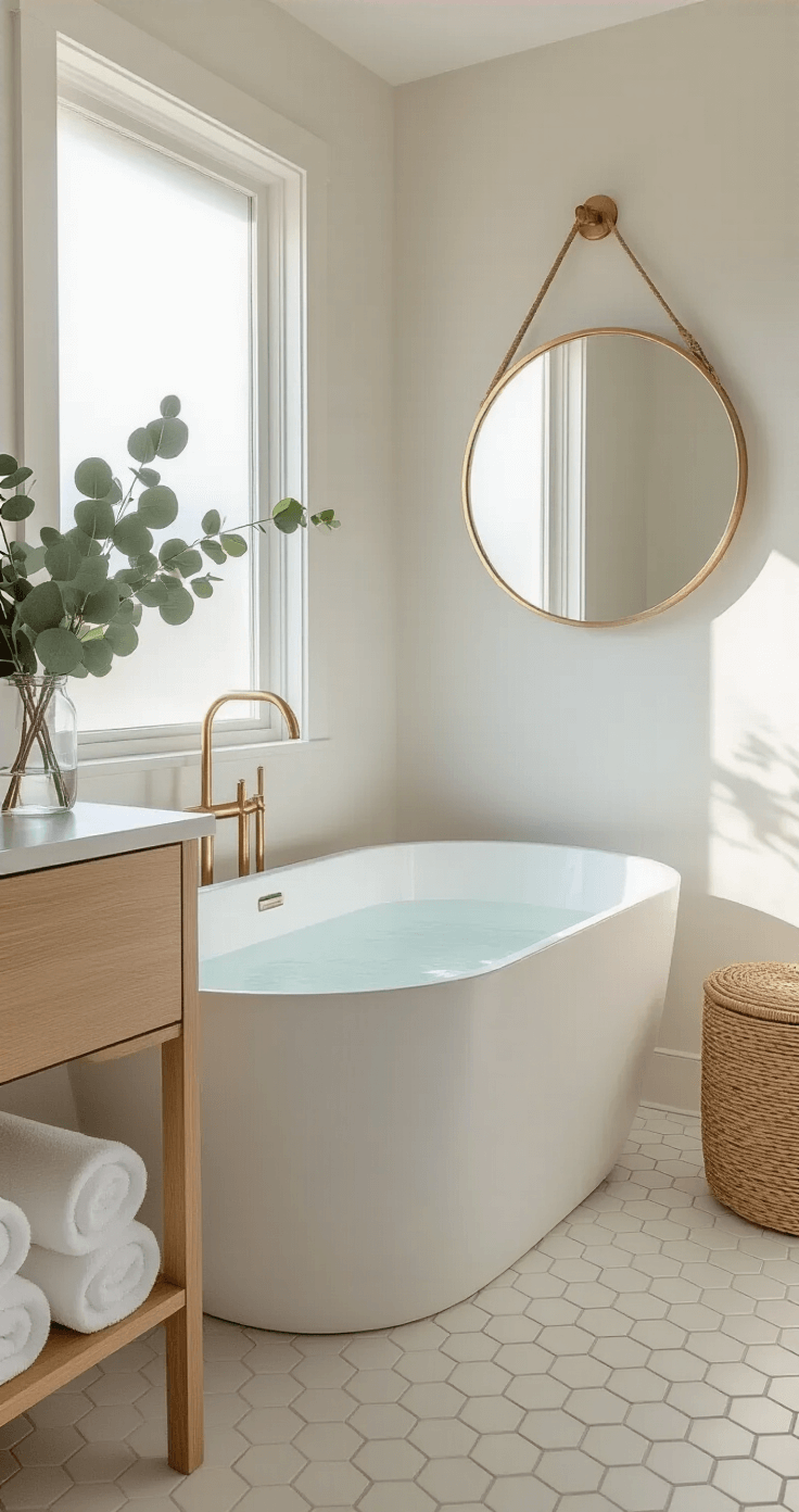 Transform Your Bathroom: The Ultimate Decor Guide for Stunning, Instagram-Worthy Spaces A bright and airy master bathroom featuring a freestanding oval tub, light oak floating vanity, circular brass mirror, and white marble hexagon floor tiles, illuminated by morning sunlight streaming through a frosted window.
