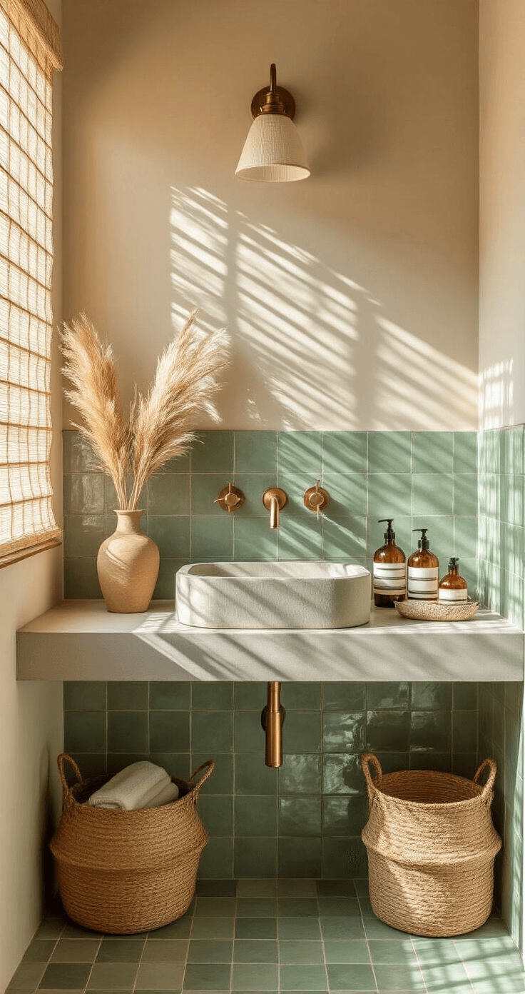 Transform Your Bathroom: The Ultimate Decor Guide for Stunning, Instagram-Worthy Spaces A cozy powder room featuring a wall-mounted concrete sink against sage green zellige tiles, with vintage brass fixtures, woven seagrass baskets, and amber glass apothecary bottles. Dried pampas grass in a ceramic vase adds a touch of nature, illuminated by warm late afternoon light casting dramatic shadows.