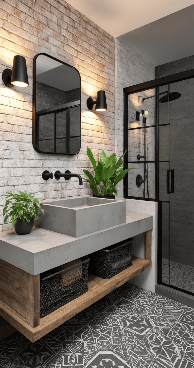 Transform Your Bathroom: The Ultimate Decor Guide for Stunning, Instagram-Worthy Spaces Moody industrial-style bathroom featuring exposed brick walls, matte black fixtures, a floating concrete vanity, and geometric cement floor tiles, enhanced by evening lighting from black sconces, and adorned with emerald green plants for contrast.