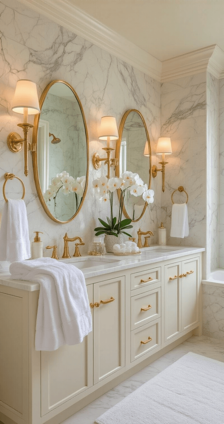 Transform Your Bathroom: The Ultimate Decor Guide for Stunning, Instagram-Worthy Spaces A luxurious master bath featuring a marble shower, quartz double vanity with champagne gold hardware, illuminated mirrors, and plush white towels, all bathed in mid-morning diffused light.