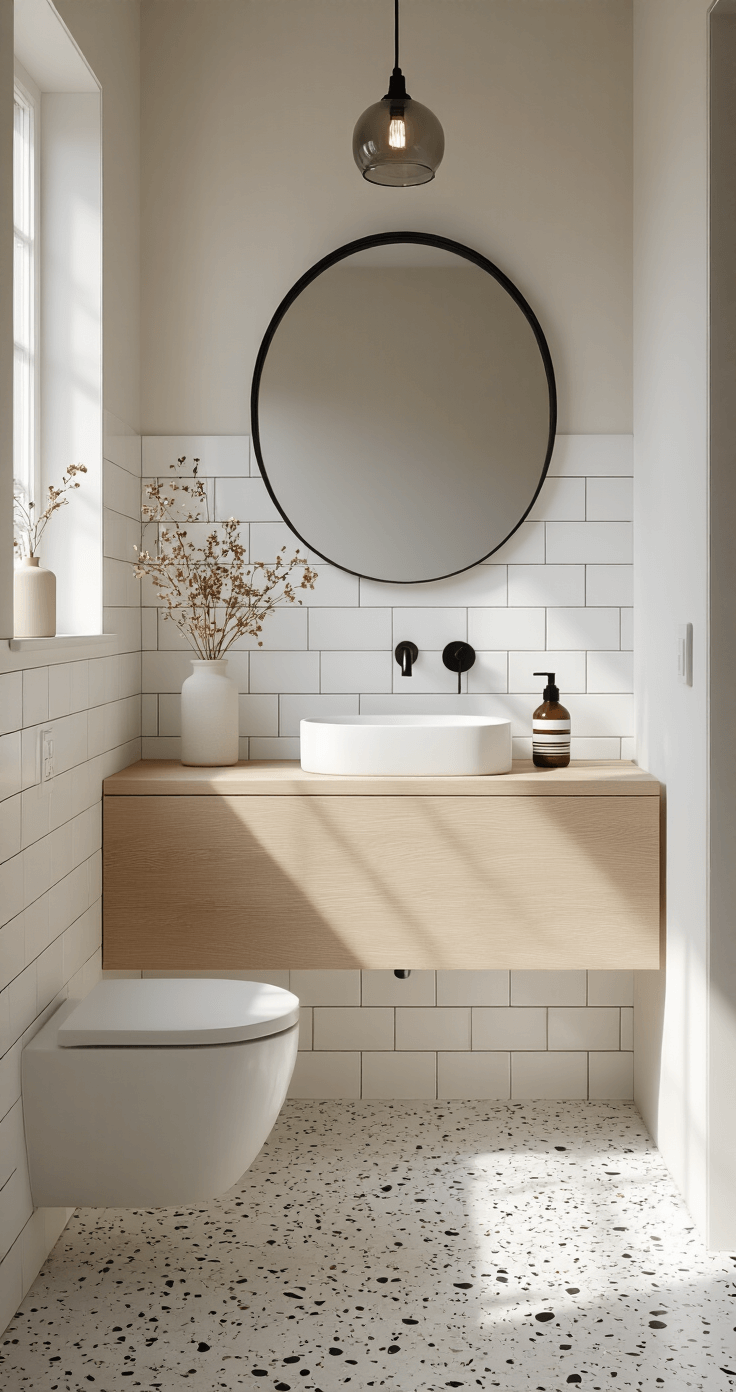 Transform Your Bathroom: The Ultimate Decor Guide for Stunning, Instagram-Worthy Spaces A cozy minimalist bathroom featuring white subway tiles and terrazzo flooring, with a wall-hung toilet, floating pale ash vanity, and a round black-framed mirror. Natural morning light casts soft shadows, highlighting simple ceramic vessels with dried botanicals, and a smoky glass pendant light. The color palette includes whites, soft grays, and black accents.