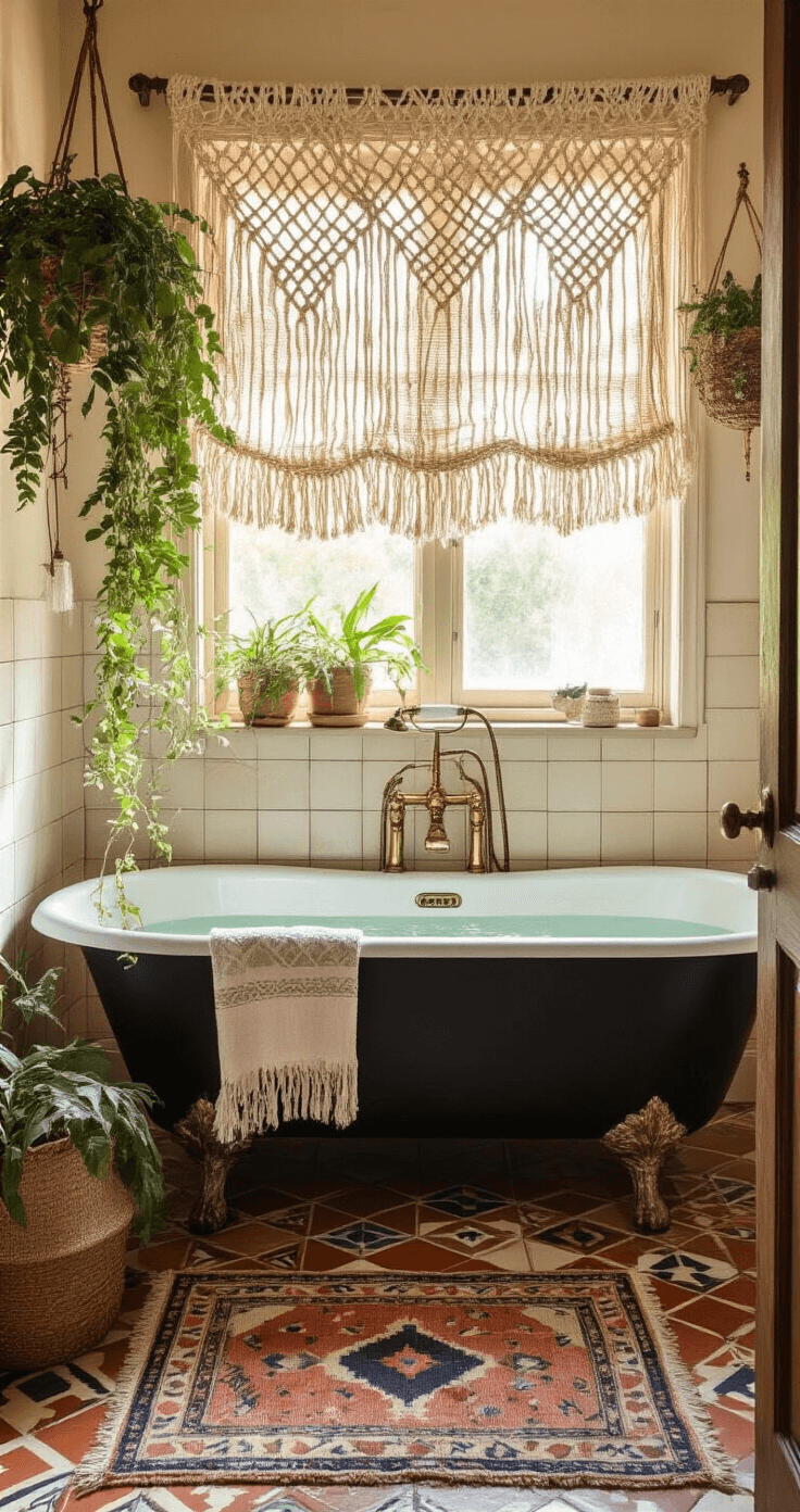 Transform Your Bathroom: The Ultimate Decor Guide for Stunning, Instagram-Worthy Spaces A bohemian-style bathroom featuring a matte black clawfoot tub, Moroccan cement tiles in terra cotta and navy, and patina brass fixtures, illuminated by golden hour sunlight filtering through macramé window coverings, with layered textiles and trailing plants.