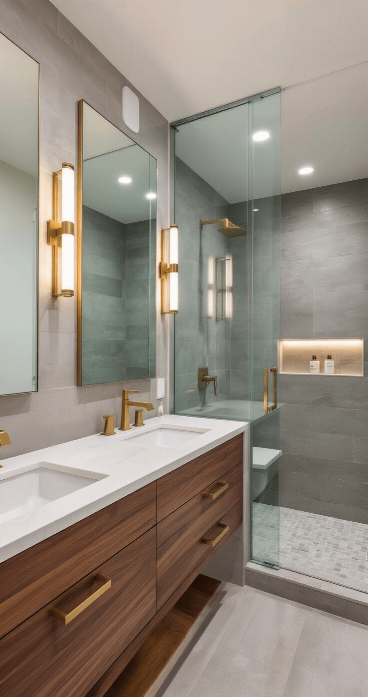 Transform Your Bathroom: The Ultimate Decor Guide for Stunning, Instagram-Worthy Spaces A contemporary bathroom featuring floating walnut vanities, waterfall quartz countertops, and a glass shower enclosure, captured from a low angle with cool morning light reflecting off oversized mirrors. The space showcases geometric brass hardware, large-format porcelain wall tiles, and built-in niches with LED accent lighting, all in a palette of warm woods, cool grays, and metallic elements.