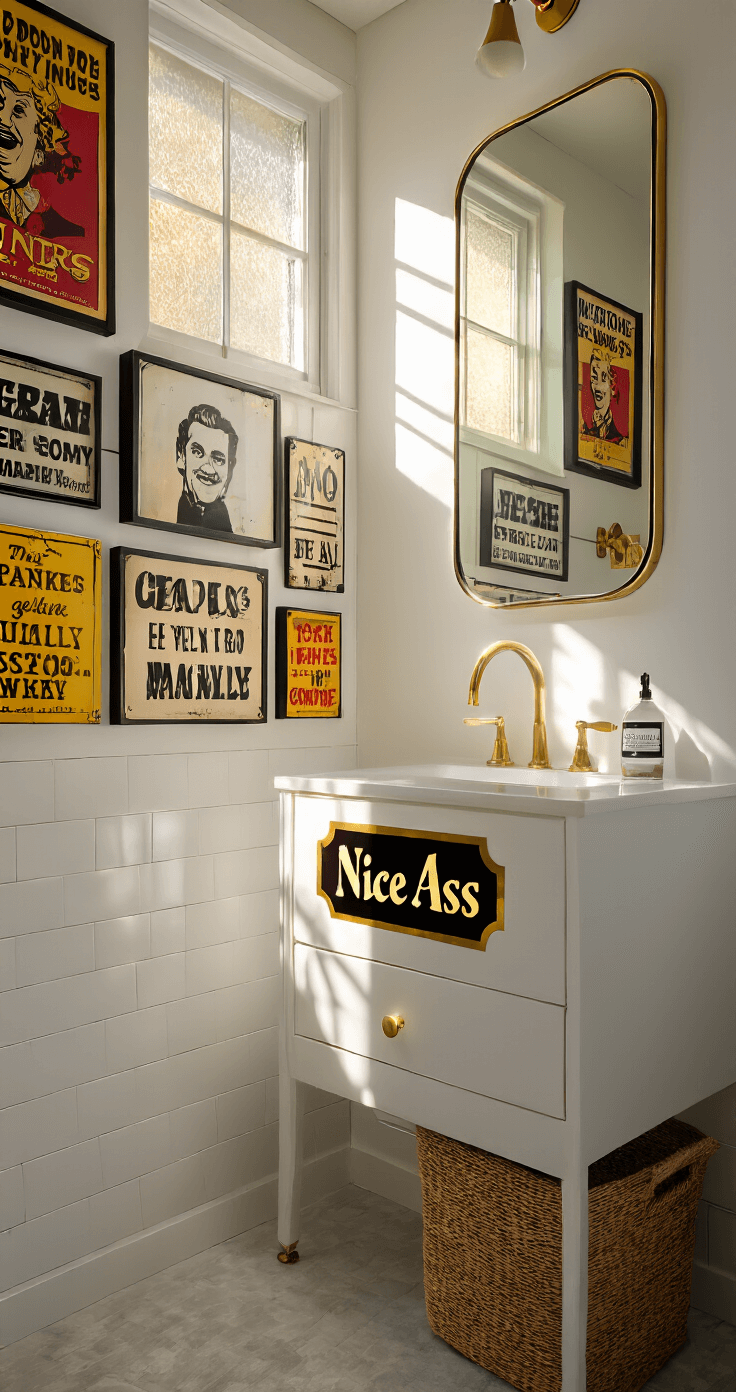 Hilarious Bathroom Decor: Turn Your Toilet Room into a Comedy Zone A bright, modern bathroom with vintage comedy posters on the walls, a matte white vanity with a humorous mirror decal, and warm brass fixtures, illuminated by golden hour sunlight streaming through a frosted window.