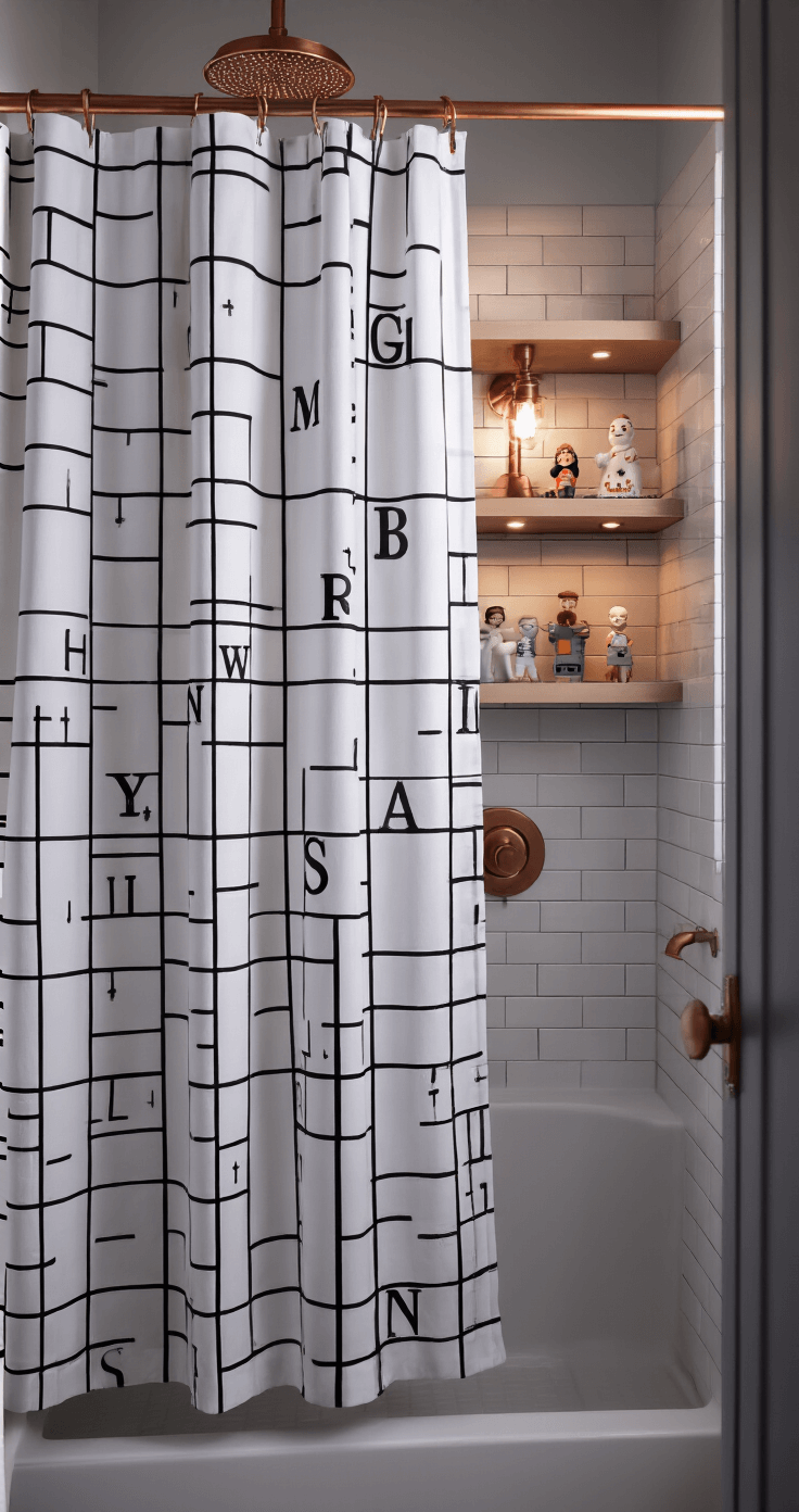 Hilarious Bathroom Decor: Turn Your Toilet Room into a Comedy Zone A cozy 6x8ft powder room at dusk, featuring ambient LED lighting, a giant black and white crossword puzzle shower curtain, matte subway tiles, copper fixtures, and quirky figurines on floating shelves, with a soft focus on the curtain and cool tones throughout.