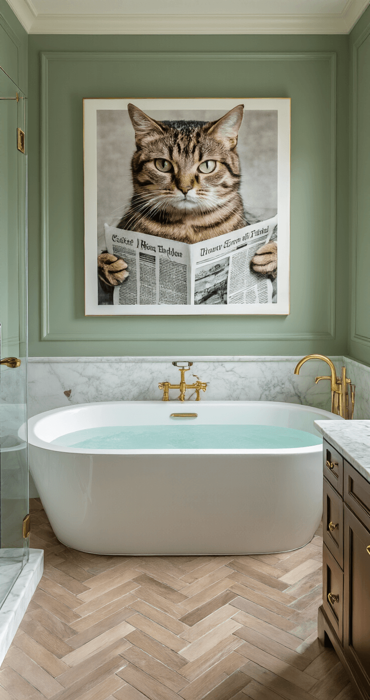 Hilarious Bathroom Decor: Turn Your Toilet Room into a Comedy Zone Overhead view of an elegant 10x12ft master bathroom featuring a freestanding tub, a large photography print of a cat reading a newspaper, marble herringbone flooring, sage green walls, and brass accents, all illuminated by natural light.