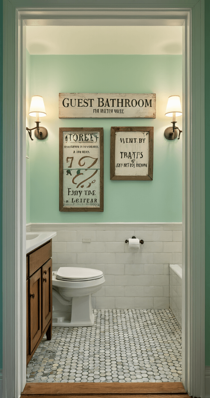 Hilarious Bathroom Decor: Turn Your Toilet Room into a Comedy Zone A wide-angle view of a cozy 7x9ft guest bathroom at twilight, illuminated by sconce lighting. The space features coordinated pun-based wall art in weathered wood frames, a vintage-style penny tile floor, classic white fixtures, and mint green walls, all capturing a charming retro aesthetic. The image is taken from the doorway, showcasing the room's depth and decor arrangement.