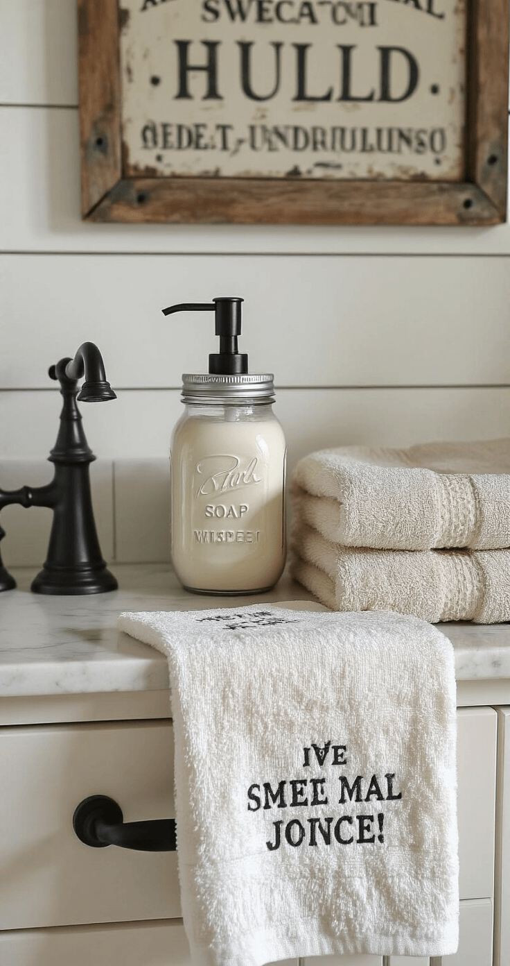 Hilarious Bathroom Decor: Turn Your Toilet Room into a Comedy Zone Detail shot of a modern farmhouse bathroom vanity featuring a mason jar soap dispenser with witty text, antique-style metal signs, textured hand towels with embroidered jokes, all against a warm white shiplap backdrop with matte black hardware, illuminated by morning light.