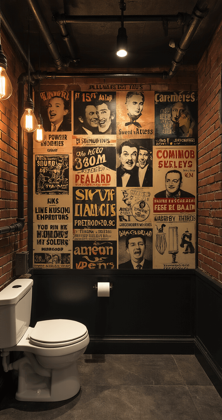 Hilarious Bathroom Decor: Turn Your Toilet Room into a Comedy Zone Low-angle view of a compact powder room showcasing a collage of vintage comedy show posters on a statement wall, illuminated by dramatic evening lighting with industrial pipe fixtures and Edison bulbs, creating a speakeasy vibe amidst exposed brick and heavy shadows.