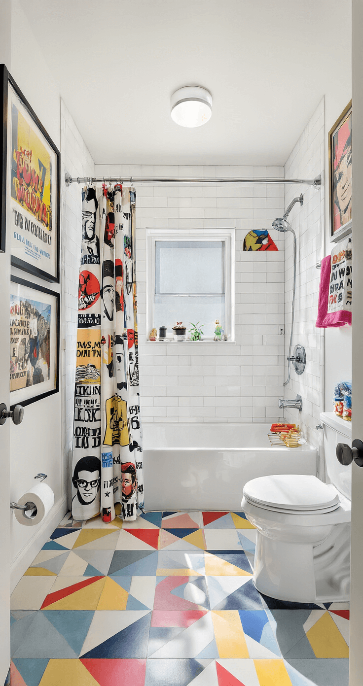 Hilarious Bathroom Decor: Turn Your Toilet Room into a Comedy Zone Bright overhead view of a 9x11ft family bathroom featuring colorful geometric floor tiles, white walls, and chrome fixtures, adorned with playful pop culture reference prints, a shower curtain with movie quotes, and novelty accessories, all enhanced by natural light.