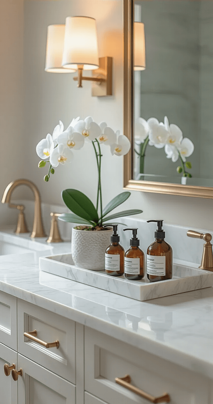 Bathroom Tray Decor: Transforming Clutter into Chic Organization A bright modern bathroom counter featuring a white marble double vanity, illuminated by soft natural light. A sleek rectangular marble tray holds brass-finished dispensers, a white orchid, and luxury skincare bottles. The color palette includes whites, greys, and warm metallics, with reflections visible in the oversized mirror.