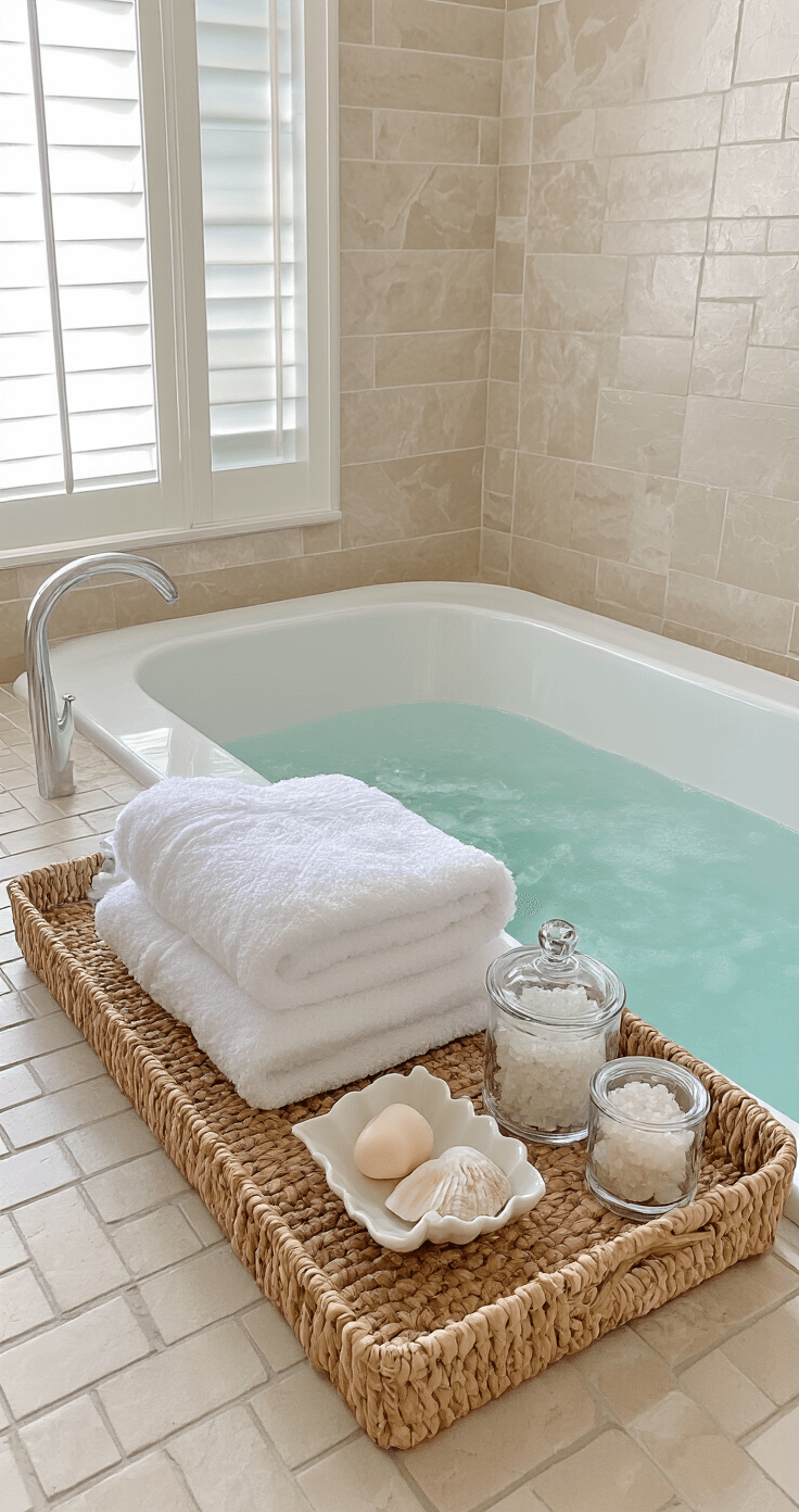 Bathroom Tray Decor: Transforming Clutter into Chic Organization A sun-drenched master bathroom featuring a freestanding tub surrounded by white fluffy towels, shell-shaped soap dishes, and glass containers of bath salts on a woven seagrass tray, with herringbone tile floors and coastal colors of sand, sea glass, and white.