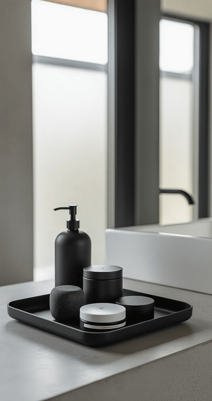 Bathroom Tray Decor: Transforming Clutter into Chic Organization A contemporary minimalist bathroom featuring a black matte metal tray on a floating concrete vanity, styled with geometric dispensers and a small black stone vessel, all arranged with monochromatic skincare items. The scene is illuminated by soft morning light, highlighting the greyscale palette and clean lines in a 10x12ft space.